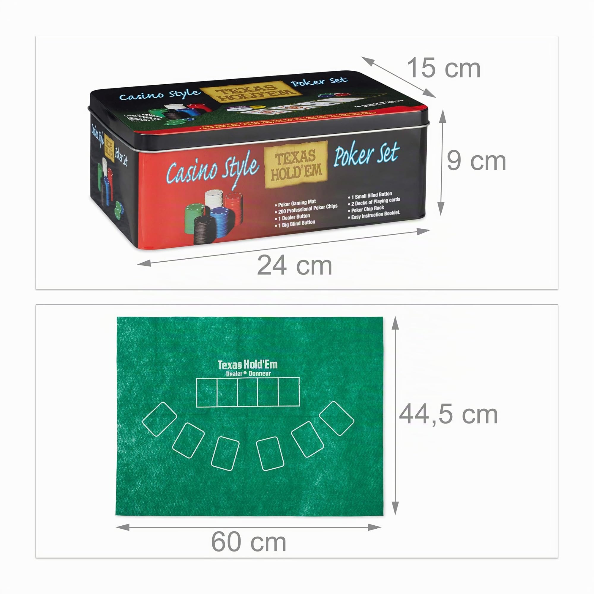Relaxdays Set da Poker Completo, 200 Fiches, 54 Carte, Tappetino, Cofanetto Colorato