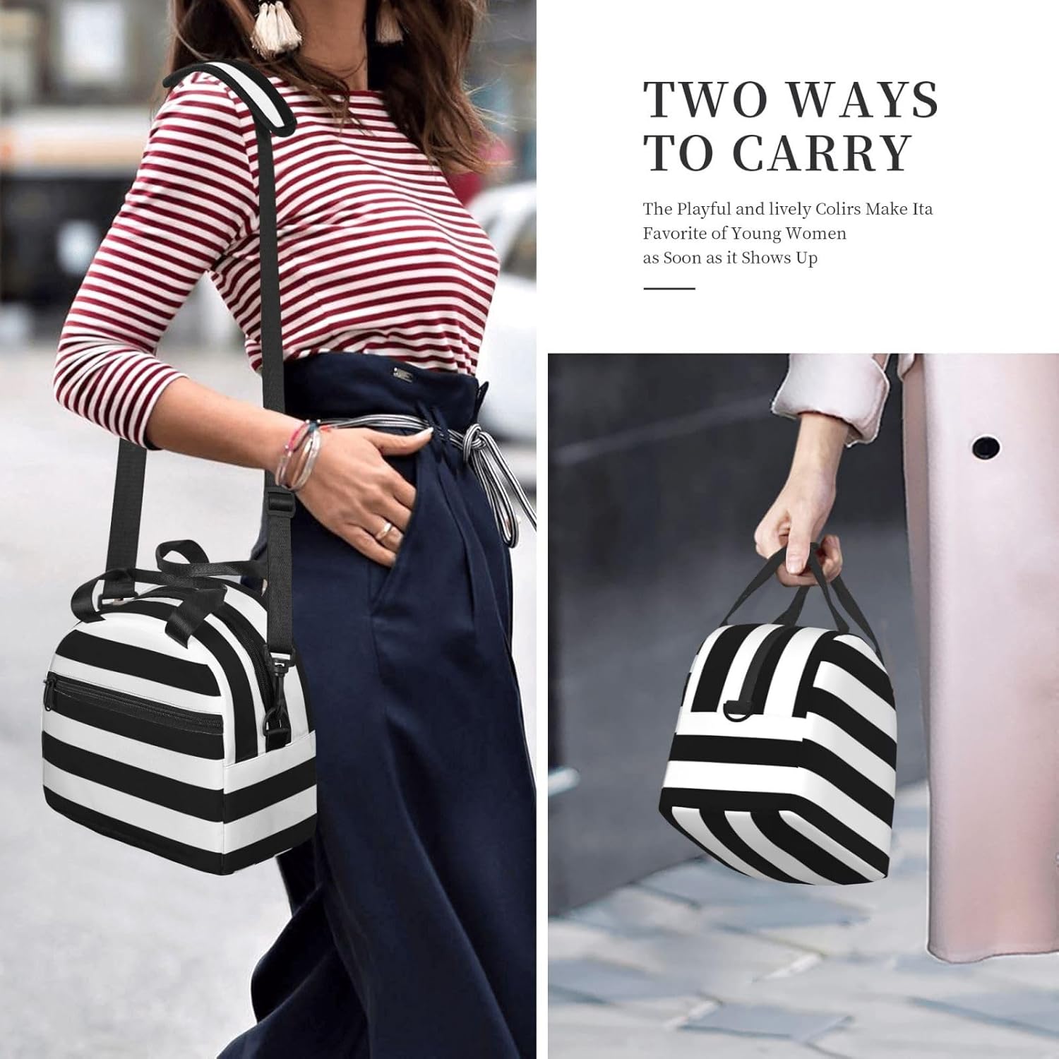 stripes black white Print Reusable Lunch Bag Insulated Lunch Boxes for Office Work Picnic Tote Bag Adjustable