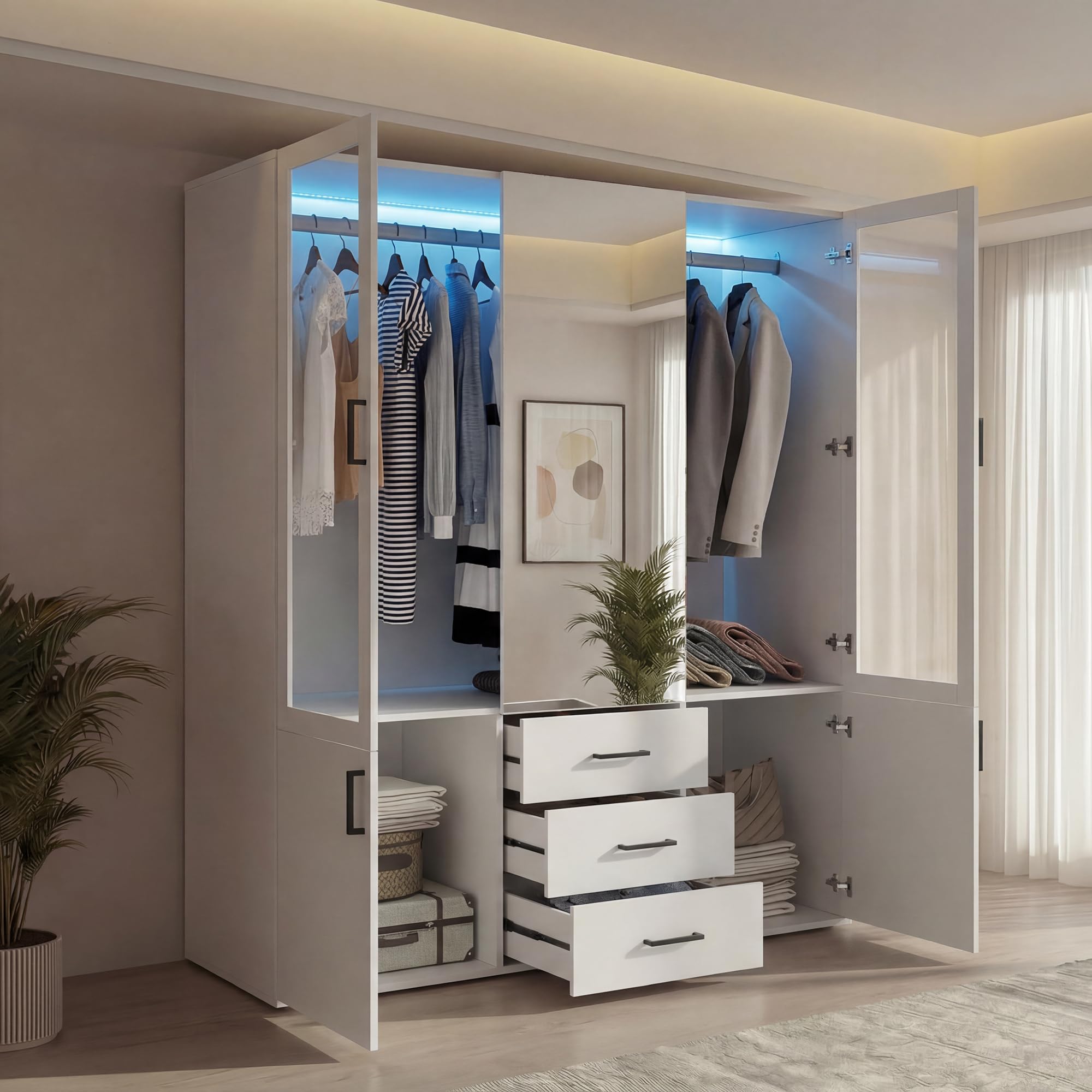 Armadio Guardaroba 4 Ante con 3 Cassetti e LED, Armadio Camera Da Letto Bianco, Mobile Con Appendiabiti, Armadio Moderno Salvaspazio, Armadio Guardaroba con Specchio