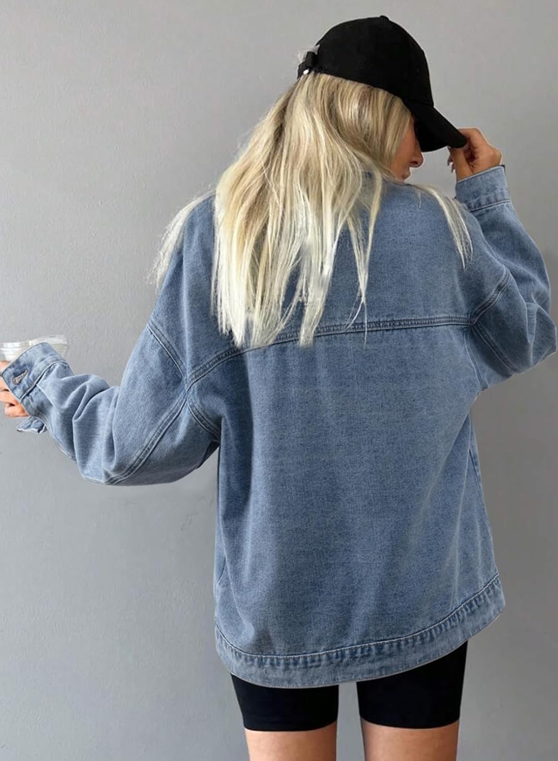 SHEWIN Womens Denim Jacket Casual Long Sleeve Drop Shoulder Button Front Jean Jacket Coat With Pockets - Image 3