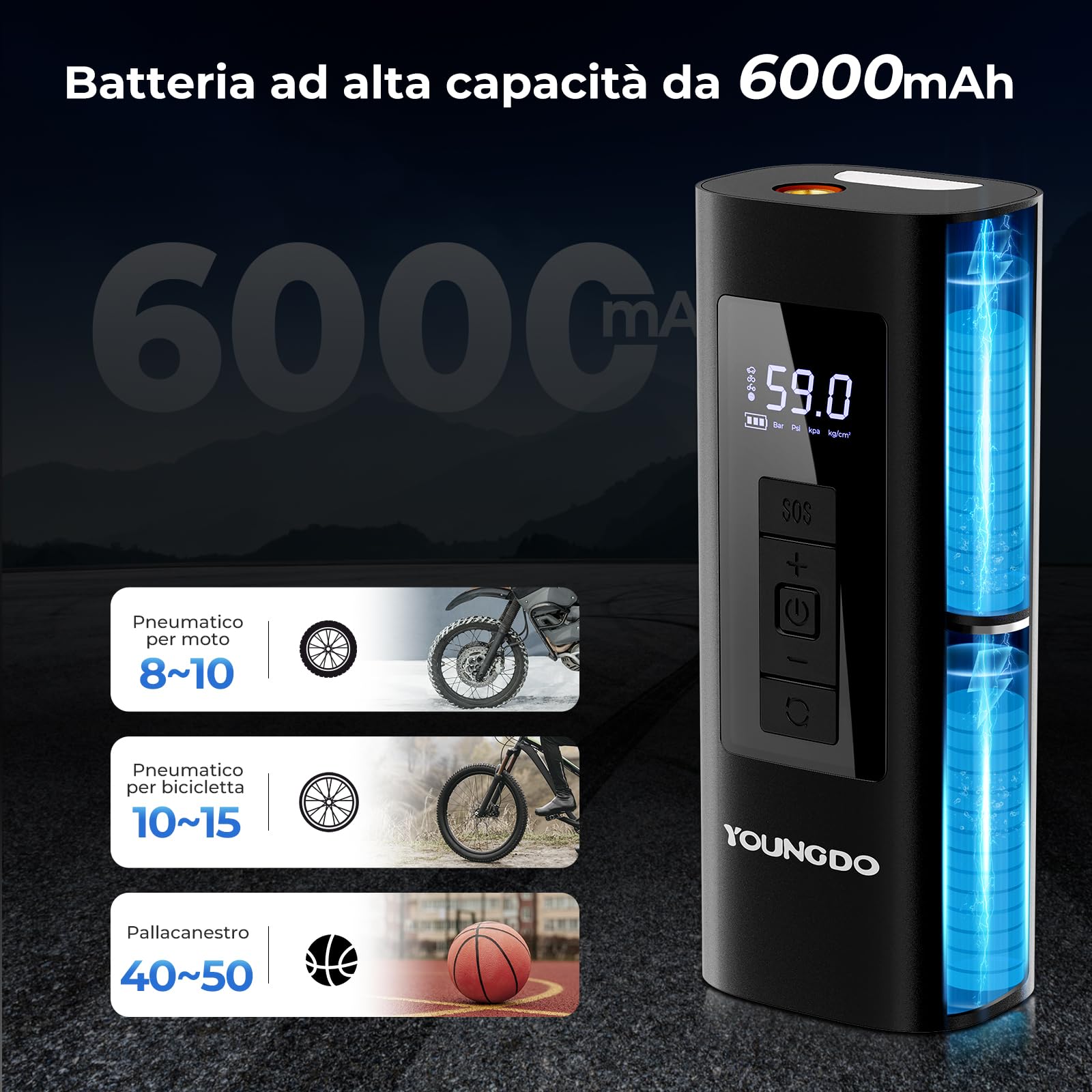 YOUNGDO Pompa per Bicicletta 150PSI, Mini Compressore Aria Portatile 6000mAh, Pompa Elettrica per Bicicletta, Pompa ad Aria per Bicicletta con Lampada LED, per Bici, Moto, Palle