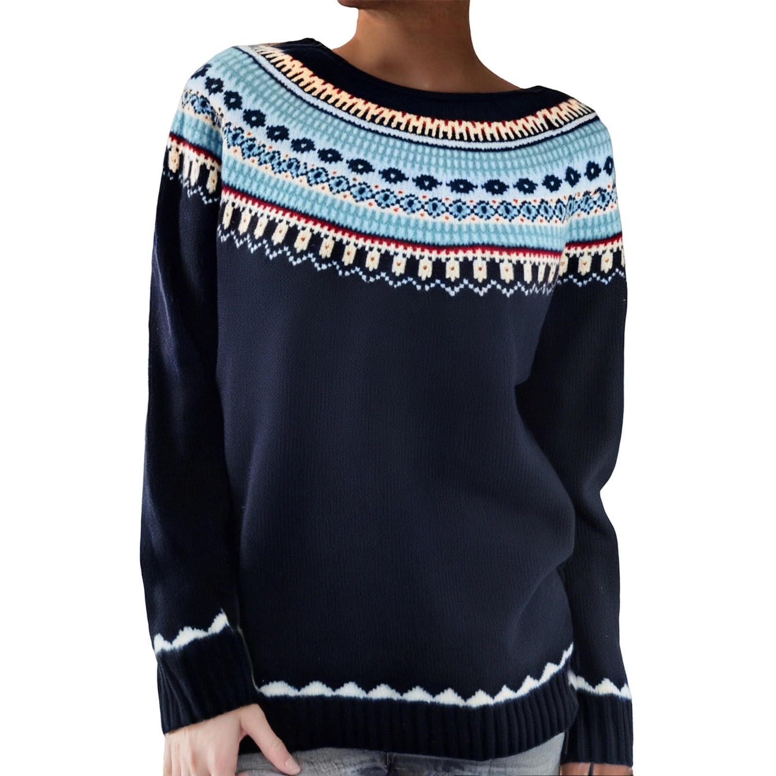 Sweater for Women Knit Boho Retro Winter Fall Casual Loose Sweaters Crewneck Long Sleeve Lightweight Pullover