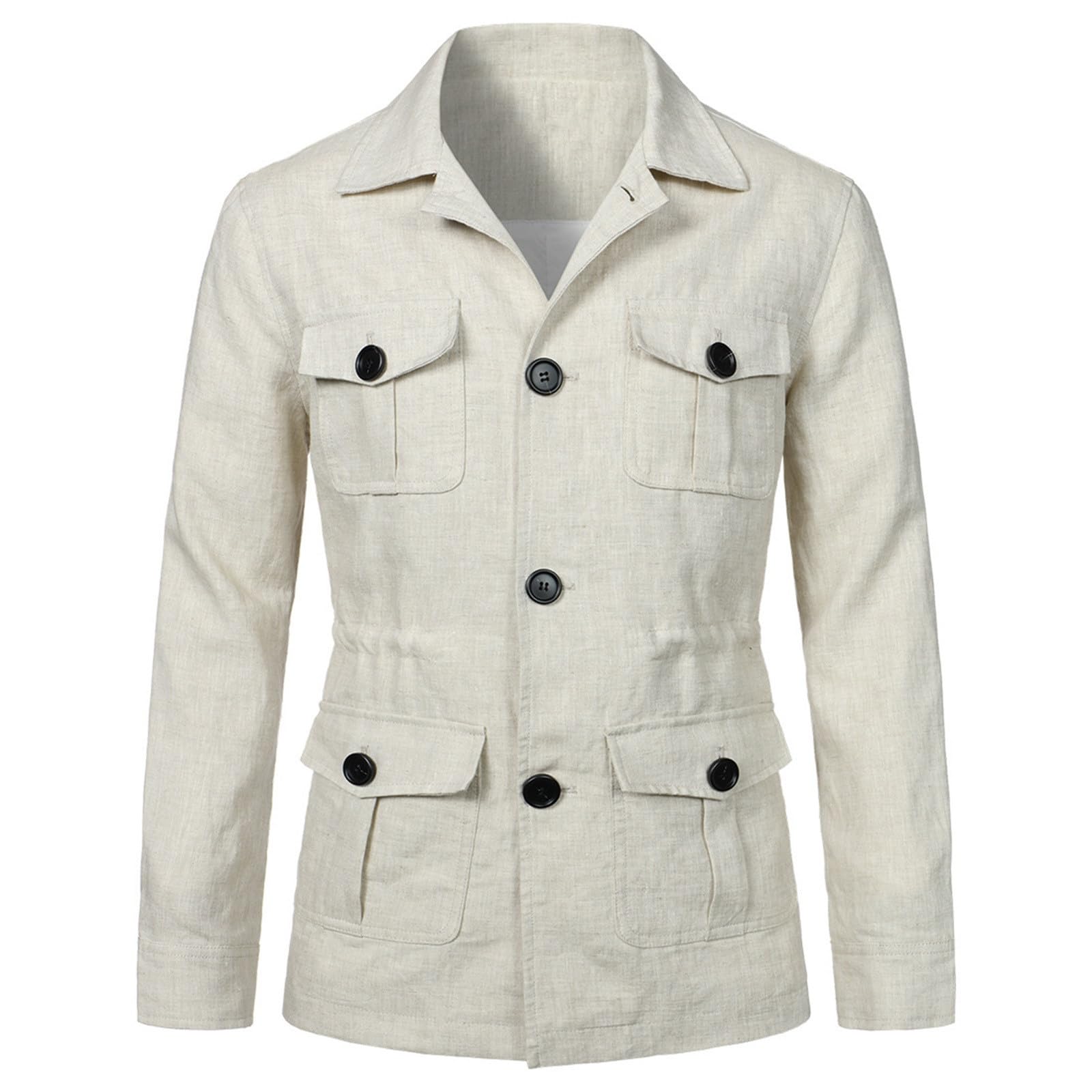 Giacca safari da uomo con bottoni, casual, tinta unita, leggera, giacca invernale, oversize, con tasche multiple per uomo