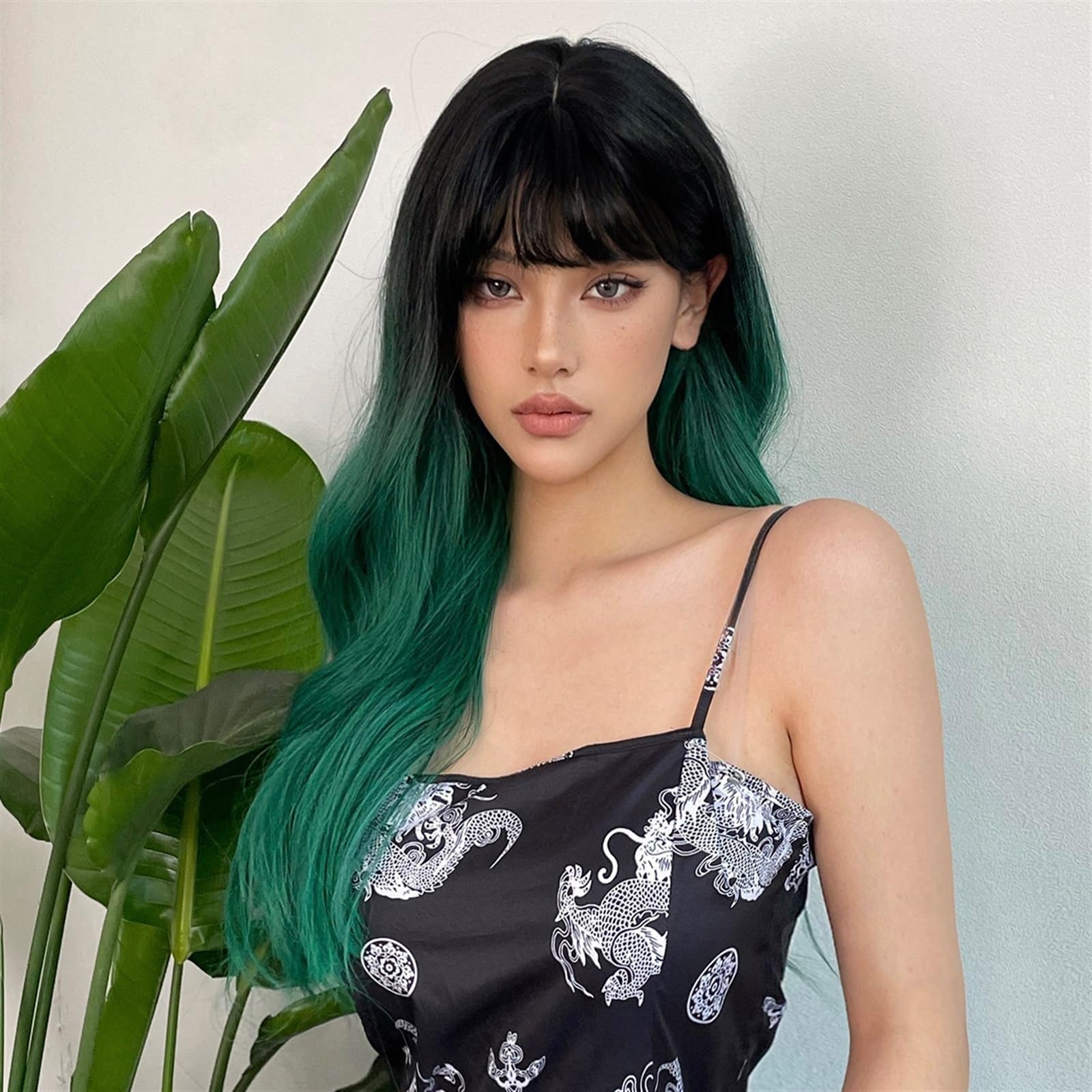 Parrucche Parrucche Sintetiche Alpine Lunghe e Ricci Ondulate Verde Foresta con Frangia Cosplay for Capelli di Halloween for Feste Afro da Donna Parrucche Donna