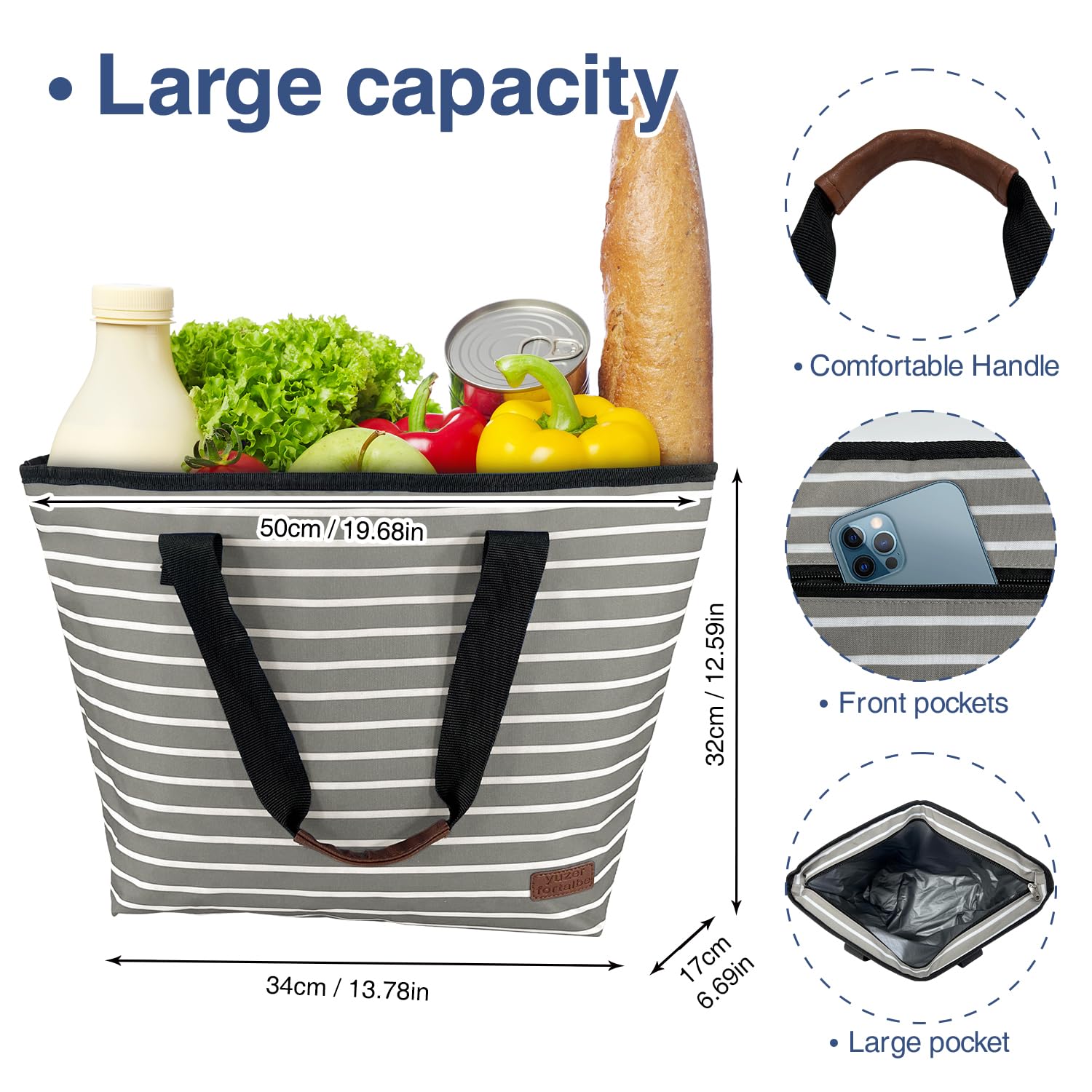 Bolsa térmica grande aislada azul de 30 latas de 18 L, a prueba de fugas, bolsa de comestibles reutilizable, lonchera para picnic, playa, camping, color gris