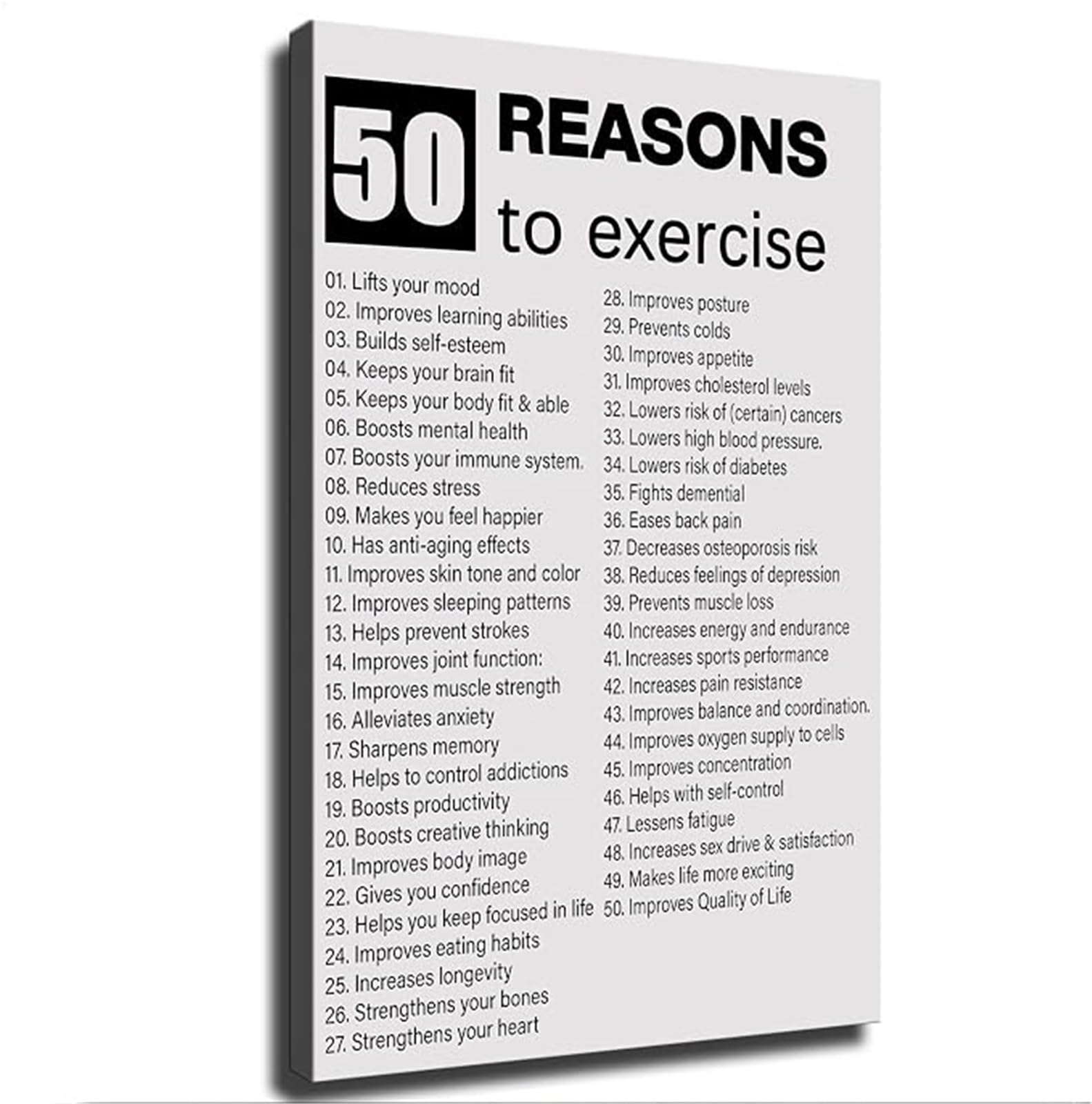 REIUAFWYGV 50 Reasons to Exercise Inspirational Wall Decor Great Motivational Quote Poster for Bedroom Office Gym