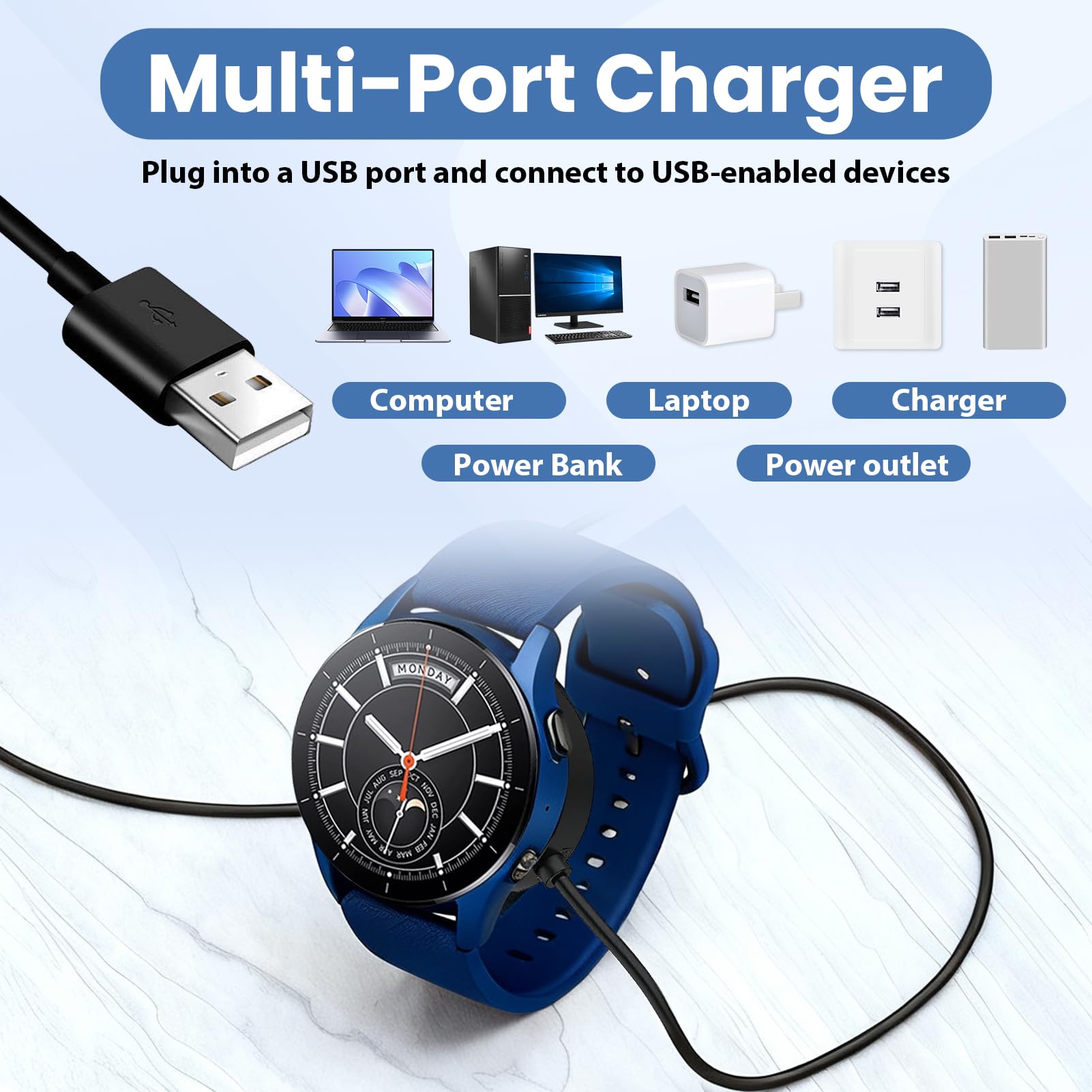 2 sztuki kabla USB do ładowania kompatybilny z Xiaomi Watch S1 / Color Sport / Color2 Active, ładowarka zastępcza, kabel do szybkiego ładowania, magnetyczna ładowarka USB, przenośny kabel do