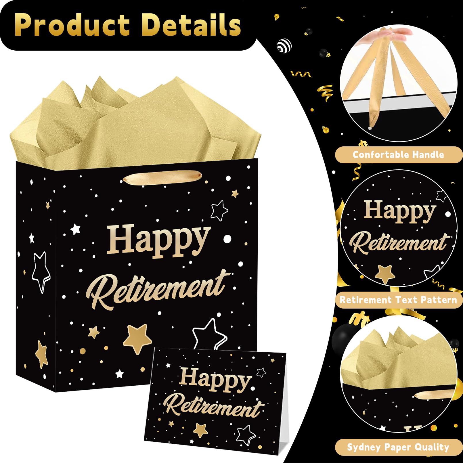 ONANNA Small Retirement Gift Bag with Tissue Paper and Greeting Card 7" Retired Gifts Wrapping Bag for Women Men Coworker Teacher, Black Gold Retirement Party Decorations Supplies