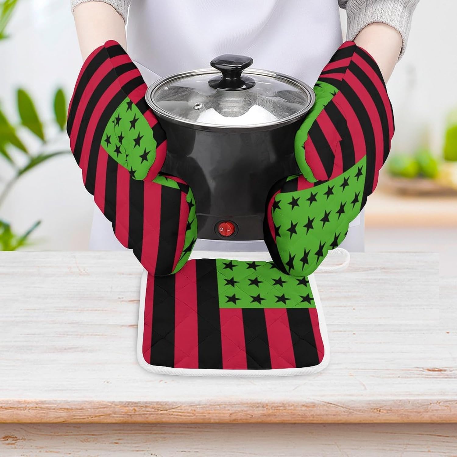Pan African U.S.A. Flag Print Oven Mitts and Pot Holders 3 Piece Sets Heat Resistant Gloves Hot Pads Potholders for Kitchen Baking Cooking
