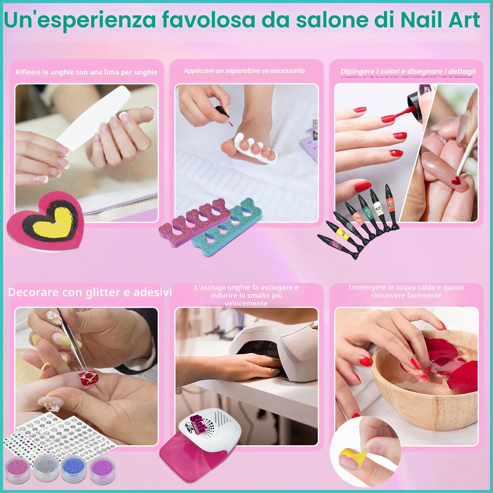 18Pz Kit Unghie Bambina, Set Nail Art per Bambine e Ragazze 3 6 7 8 9 10 12 anni, Unghie Set Manicure Gioco, Kit Gioco Per Unghie Bambina Accessori Nail Art Giocattoli Regali Natale Compleann