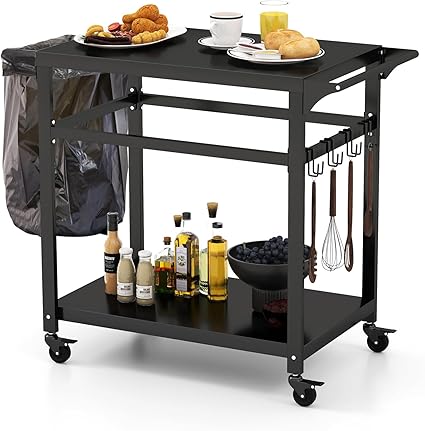 PIZZELLO Outdoor Grill Dining Cart Movable Pizza Oven Trolley BBQ Stand Double -Shelf Outdoor
