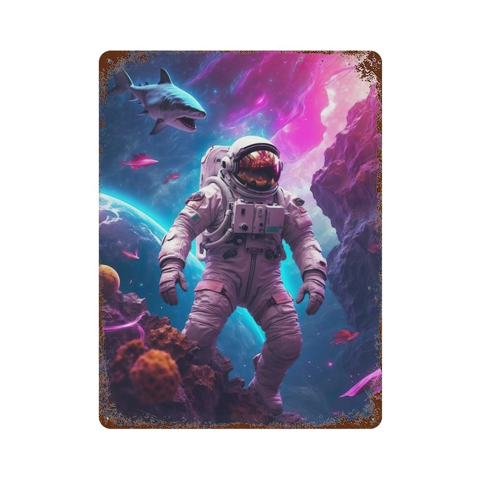 Astronaut in Space Shark Vintage Metal Tin Sign 15.7"x11.8", Ideal for Cafe, Home Bar And Lounge Decor