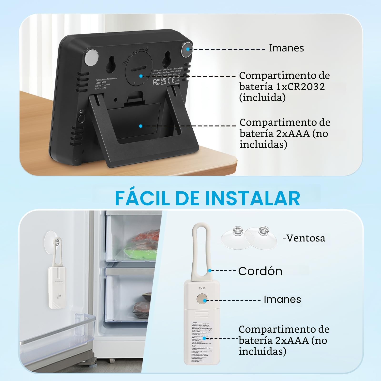 Geevon Termómetro para frigorífico con 2 sensores, termómetro digital para congelador con registro máximo/mín, alarma, termómetro digital, para interior y frigorífico