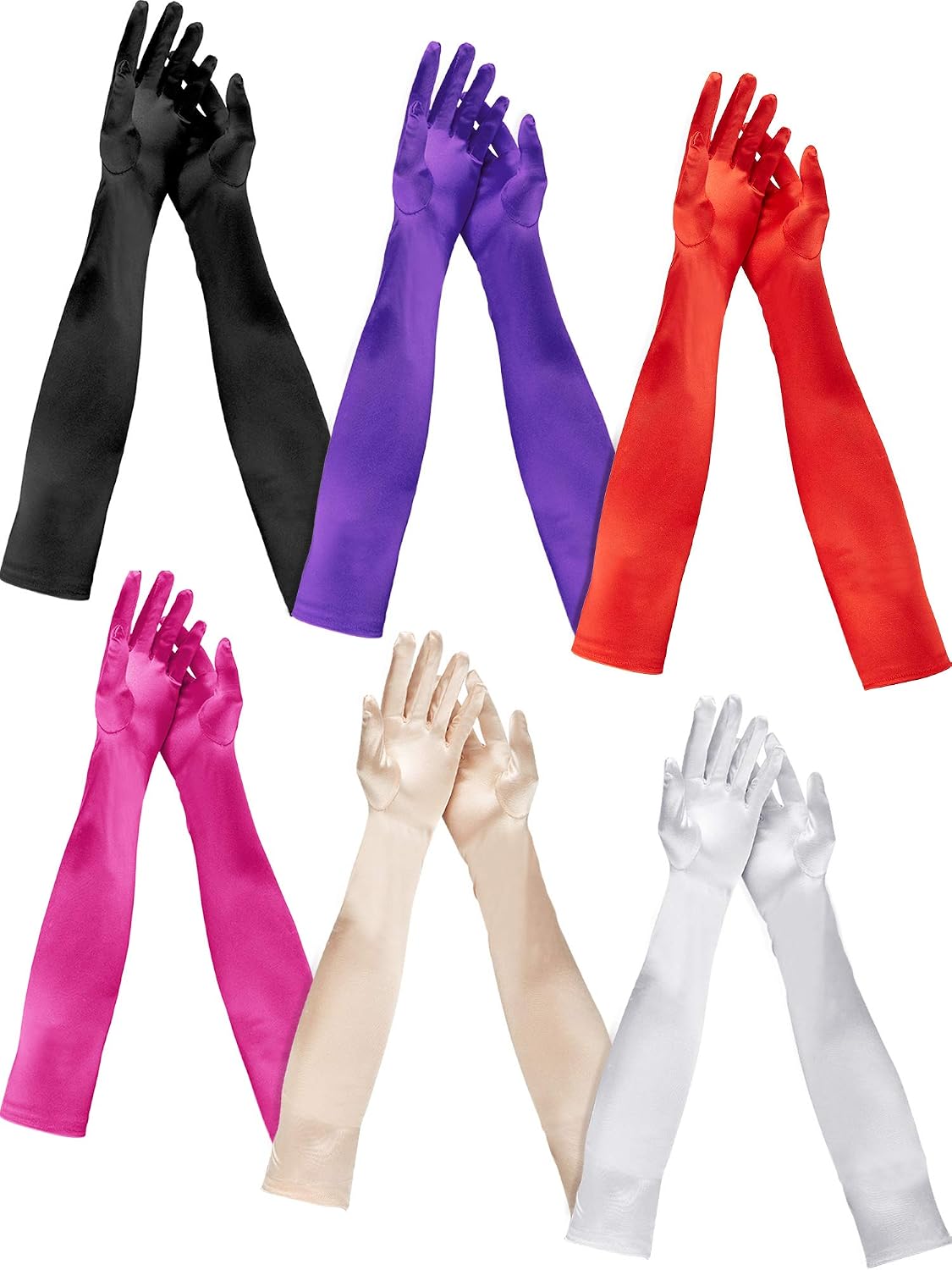 6 Pack Long Satin Gloves 1920s Opera Length Gloves for Wedding Halloween Prom (6 Colors)