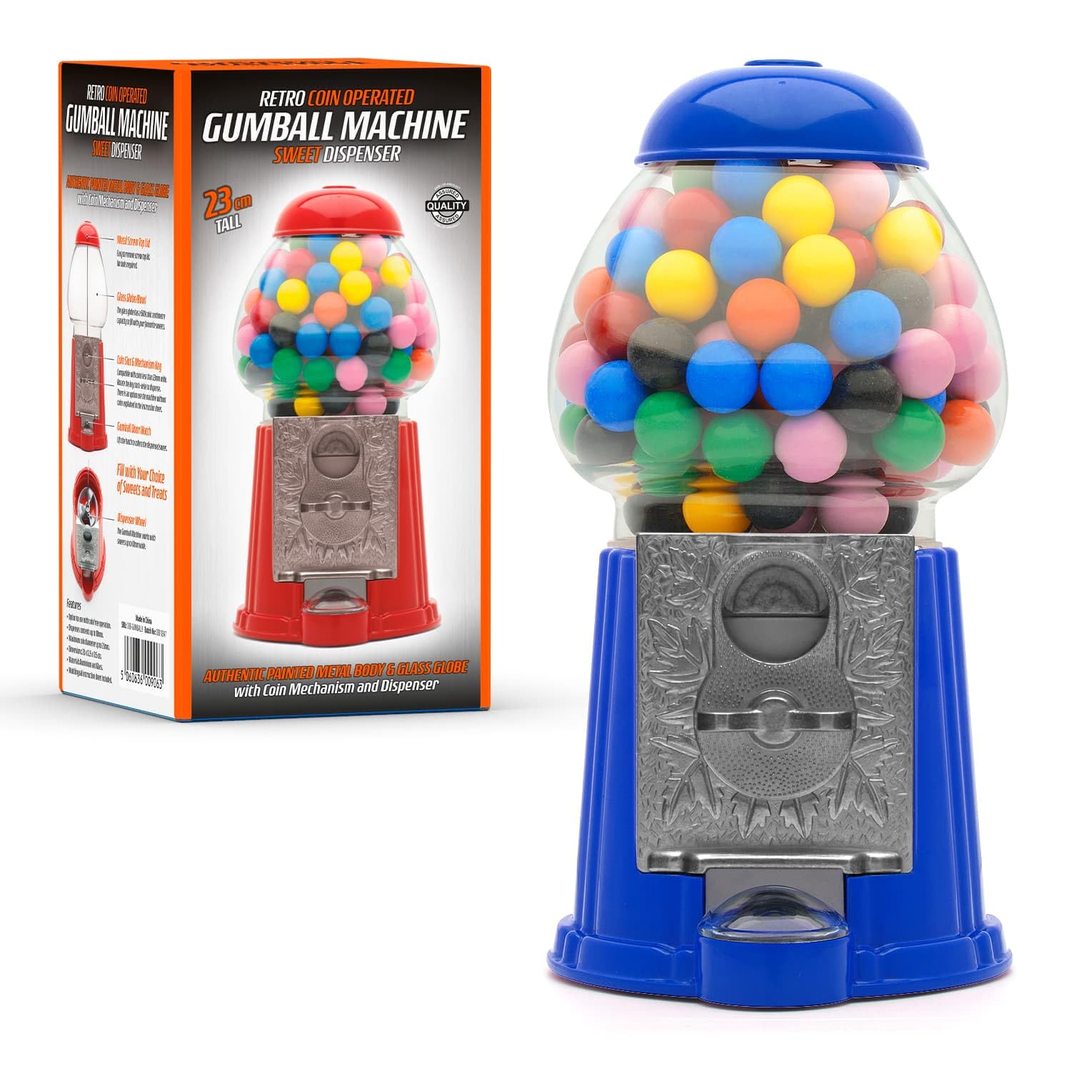 CKB LTD Gumball Machine Retro Sweet Dispenser Storage Piggy Bank Money Box Coin Operated Saver H23cm (Small Size 23 x 12.5 x 11.5cm) (Blue)