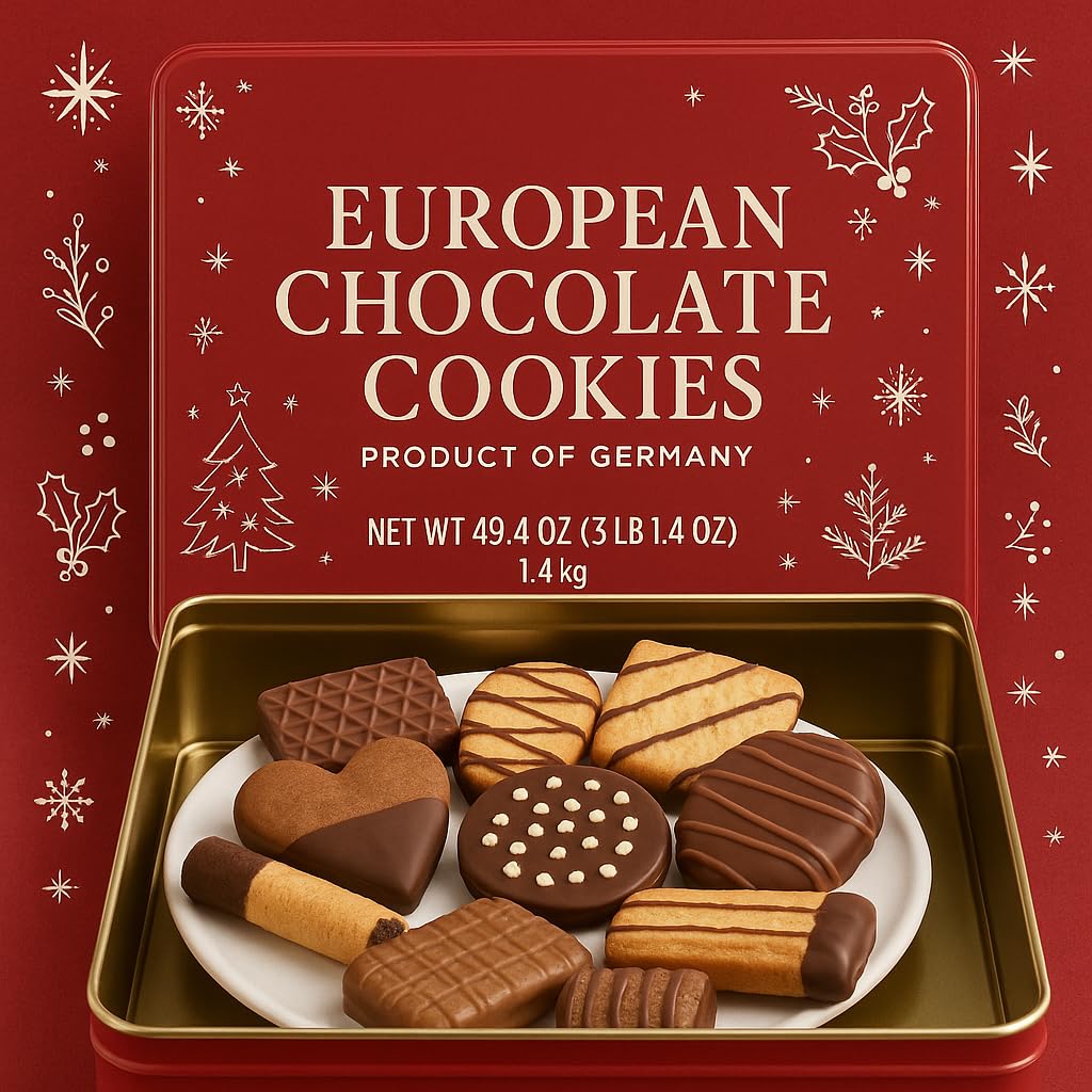 European Chocolate Cookies Assortment – Premium Butter & Chocolate-Dipped Cookies – Festive Christmas Cookie Box, 49.4 oz Variety Pack – Perfect for Gifting, Parties & Entertaining. Packaging May VaRY