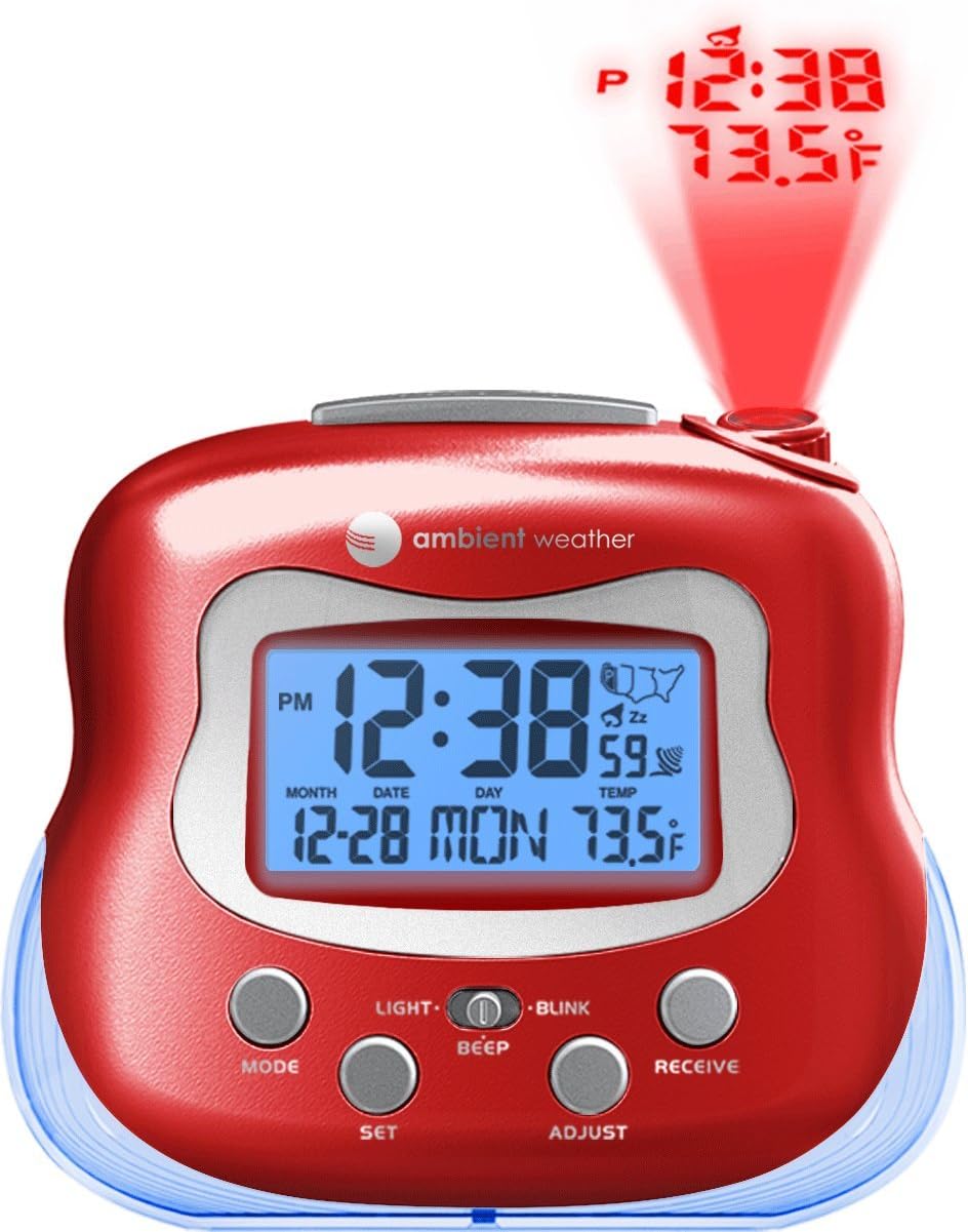 Ambient Weather RC-8370 Radio Controlled Projection Clock with Indoor Temperature (Red)