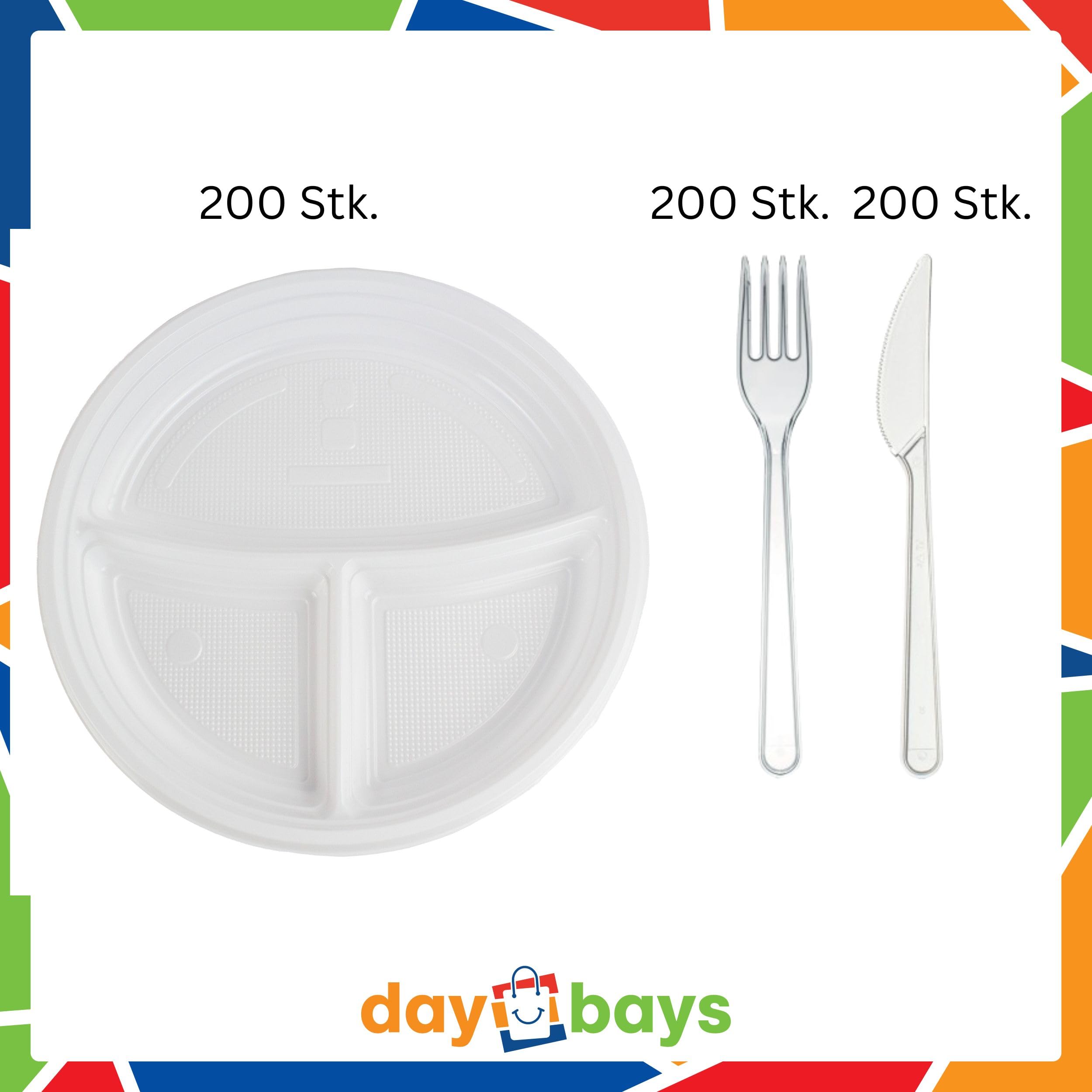Mehrweg 200 Stk. 3-geteilt Plastikteller 200 Stk. Plastikgabel 200 Stk. Plastikmesser Set Mehrwegteller Plastikbesteck Partygeschirr Plastikgeschirr Set (200, 3-geteilt_Gabel_Messer)