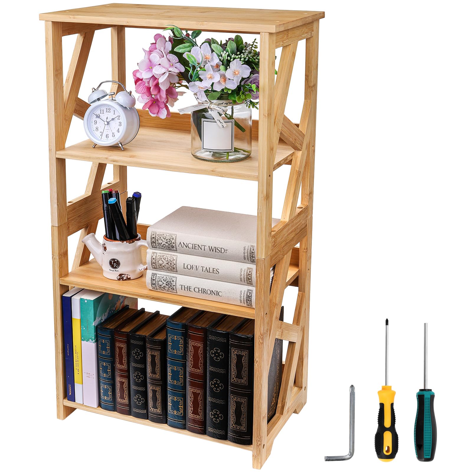 Hedume Bookcase, 3-Tier Open Shelf Bookcase, Small Bamboo Bookshelf, Bamboo Natural Shelving, Book Organizer Storage Open Shelf Rack, Display Shelves for Bedroom, Living Room, Office, Bathroom