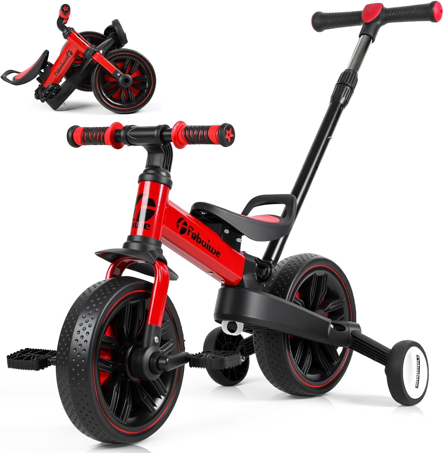 Kids Balance Bike with Push Handle, Tricycle for Toddlers 1-3 Years Old, Kids Bicycle with Adjustable Seat, Removable Pedals, Auxiliary Wheels, Foldable Metal Frame - Image 1 of 7
