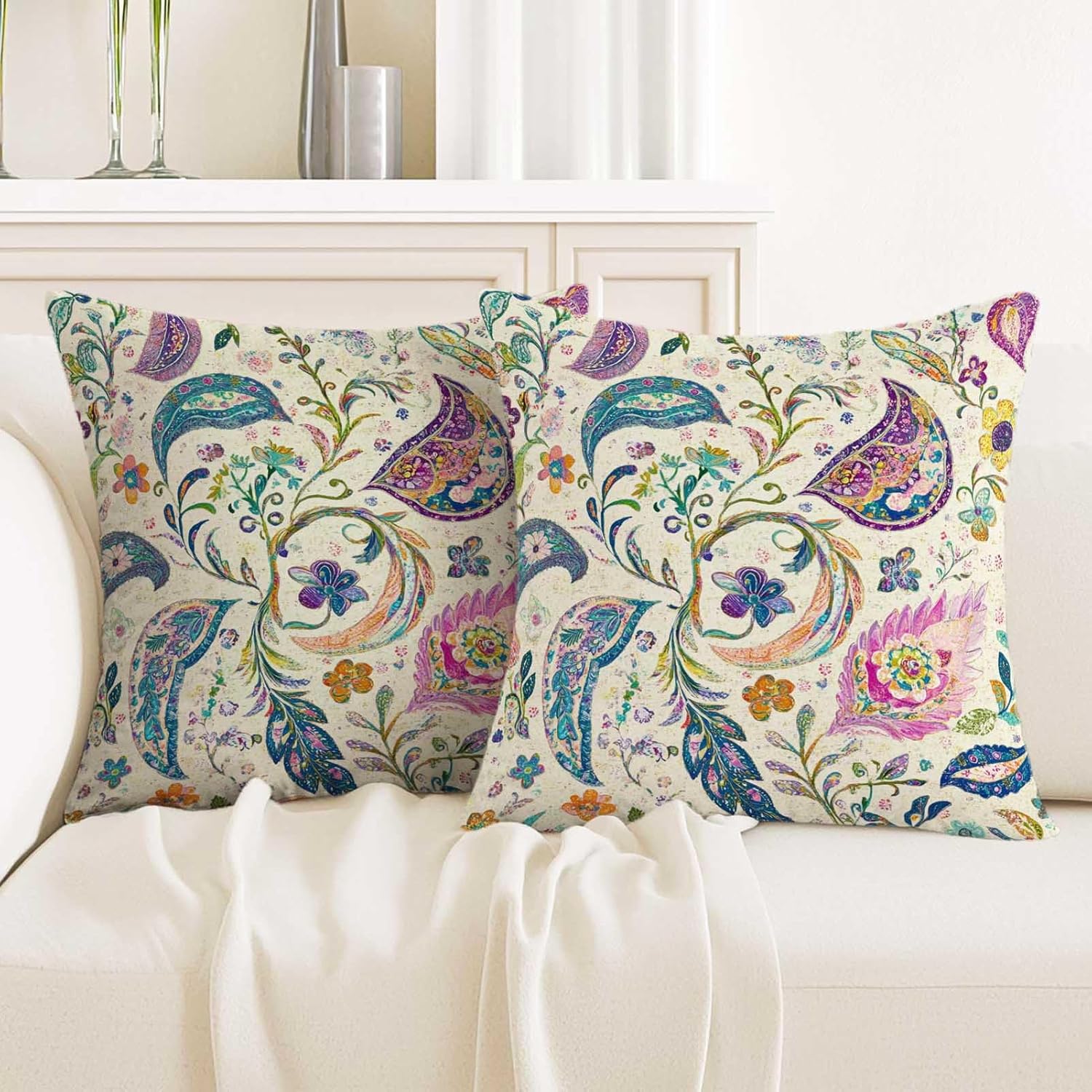 Boho Paisley Floral Throw Pillow Covers 18x18 Set of 2 | Vintage Decorative Cushion Covers for Farmhouse Bedroom Couch Sofa | Soft Pillowcases with Hidden Zipper