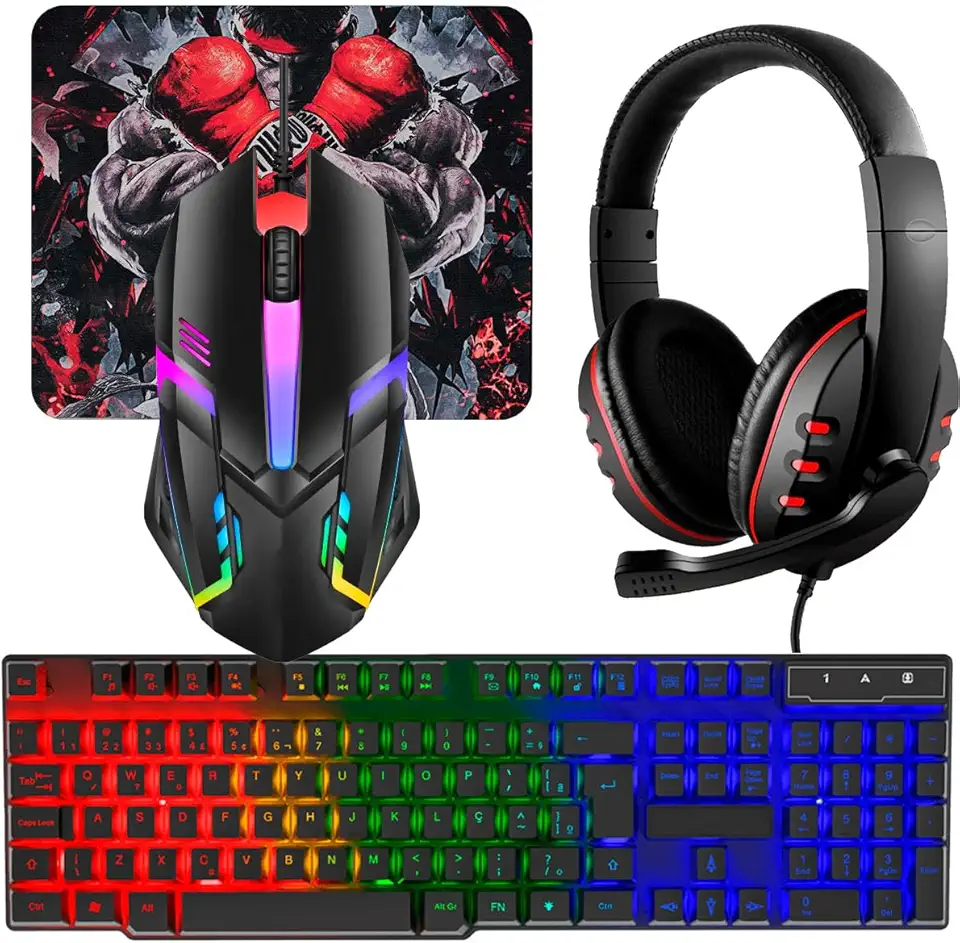Combo Gamer Teclado Semi Mecânico Rgb, Mouse Led em 7 Cores 1600 Dpi, Headset com Microfone e Mouse Pad Completo