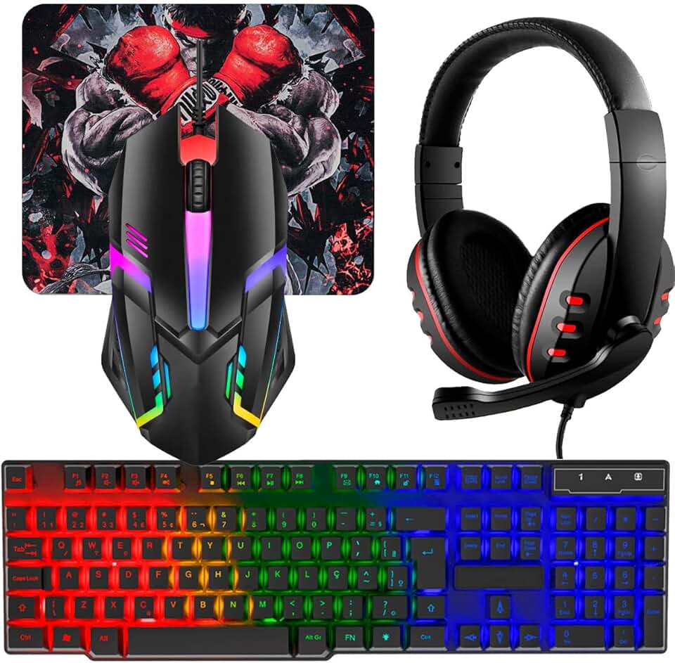 Combo Gamer Teclado Semi Mecânico Rgb, Mouse Led em 7 Cores 1600 Dpi, Headset com Microfone e Mouse Pad Completo