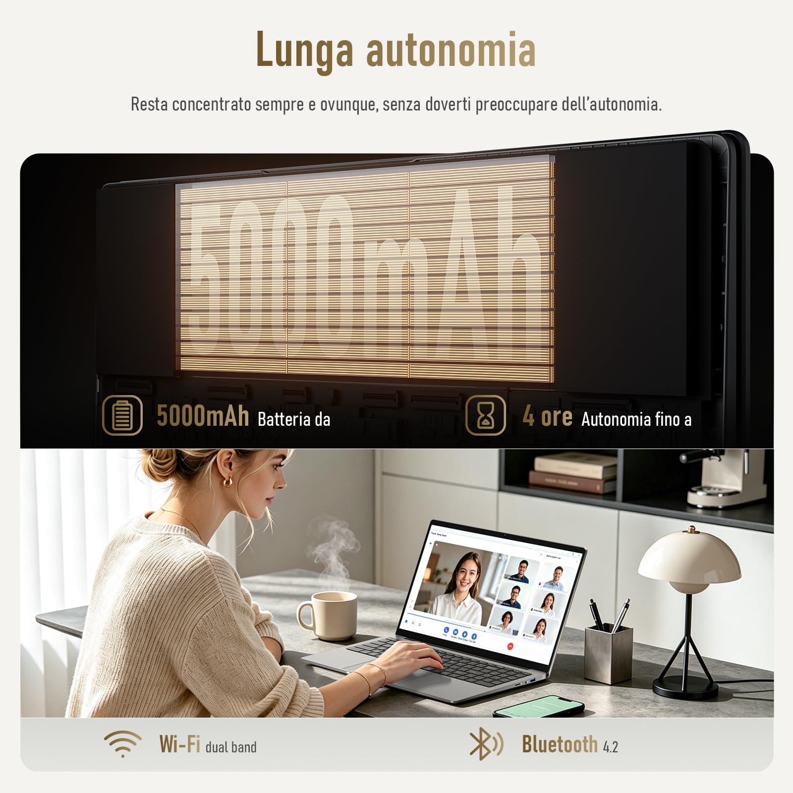 Laptop 15,6" 8 GB 128 GB,PC Portatile schermo, processore N4000fino a 2.6GHz, Wi-Fi 5 dual-band, Bluetooth 4.2, USB-A, HDMI, schermo FHD 1920 x 1080 5000mAh