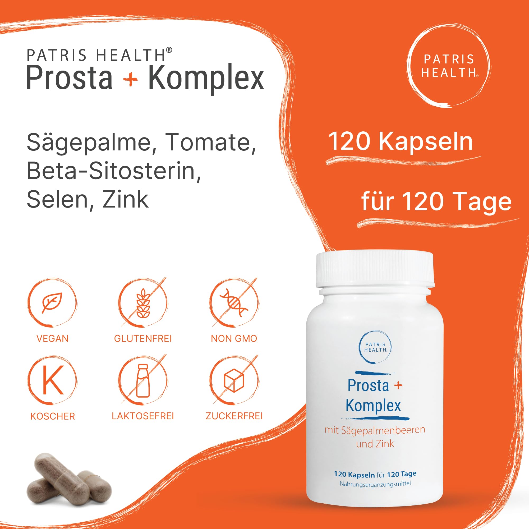 Prosta+ Komplex, 120 Kapseln, mit Sägepalmenbeeren, Tomate, Beta-Sitosterol, Selen und Zink