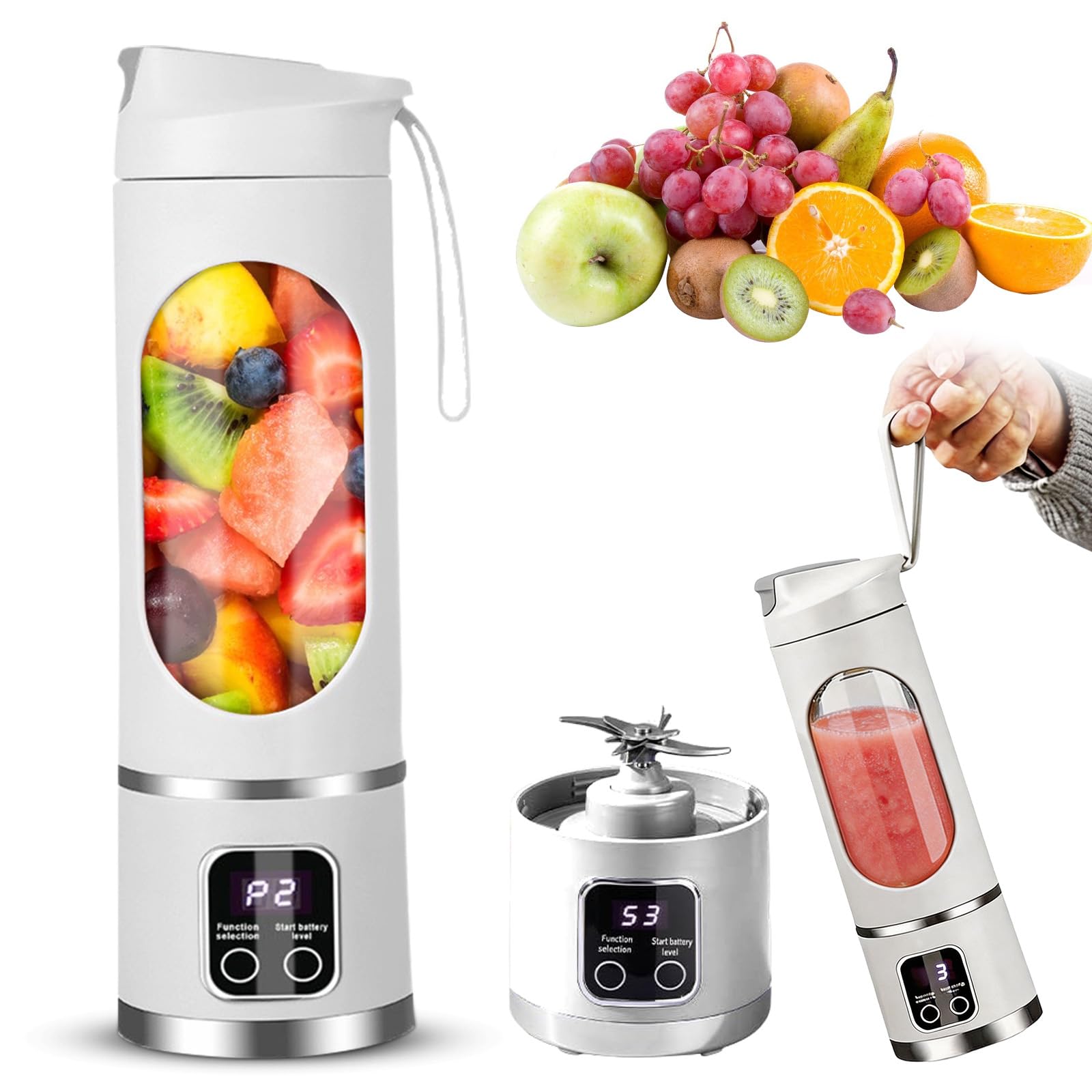 Yuragim Tragbarer Mixer Smoothie Maker To Go, 450ML Portable Blender mit LED Display & 12 Edelstahlklingen, Kabelloser Mini Standmixer USB-C Wiederaufladbar für Shakes, Sport, Reisen und Outdoor