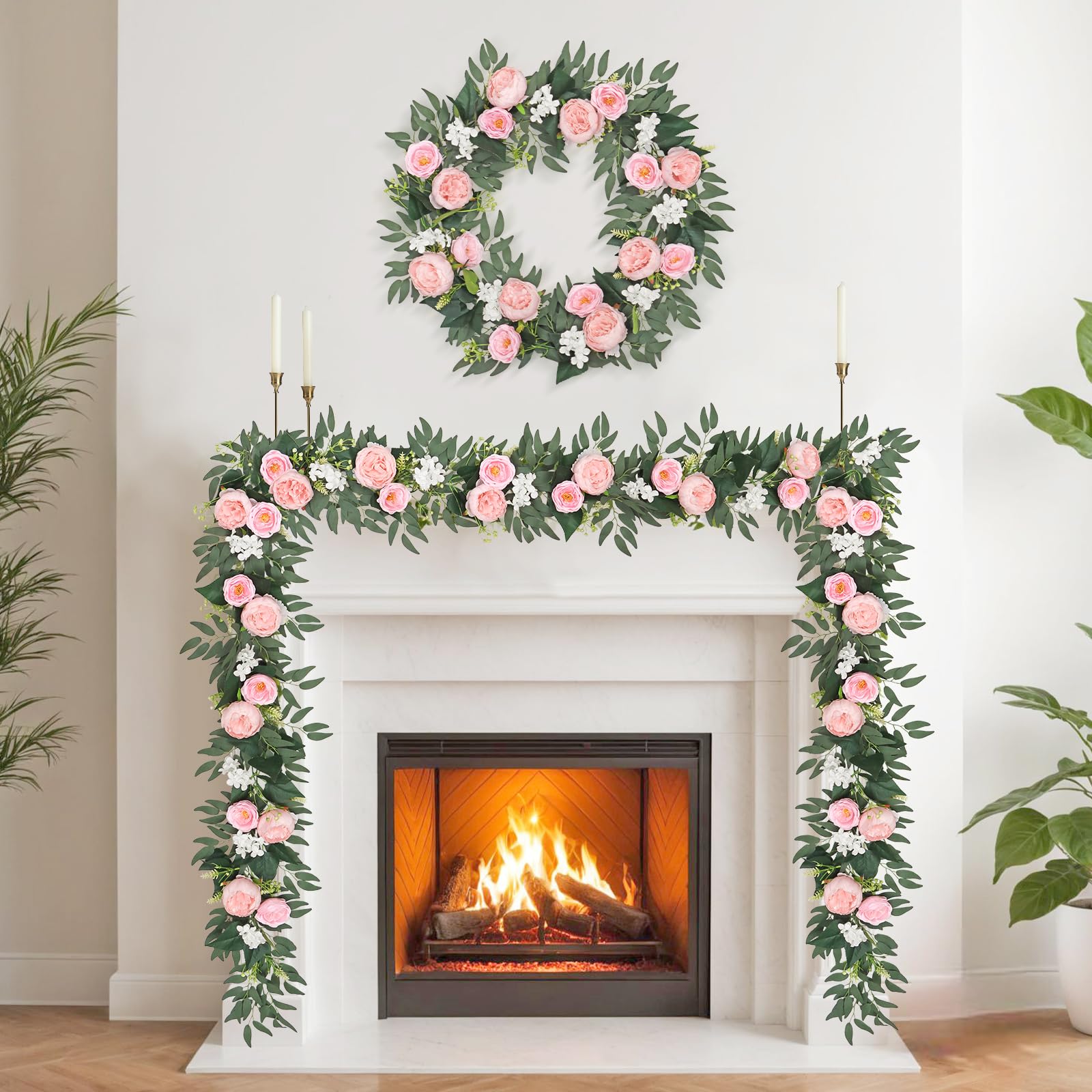 Künstliche Blumen Girlande Eukalyptus Girlande Vintage Gefälschte Blume Pfingstrose Rosenrebe Grün Dekorative Wandbehangpflanze für Hochzeitsbogen Türanordnung Party (4 Girlande, Hellrosa)