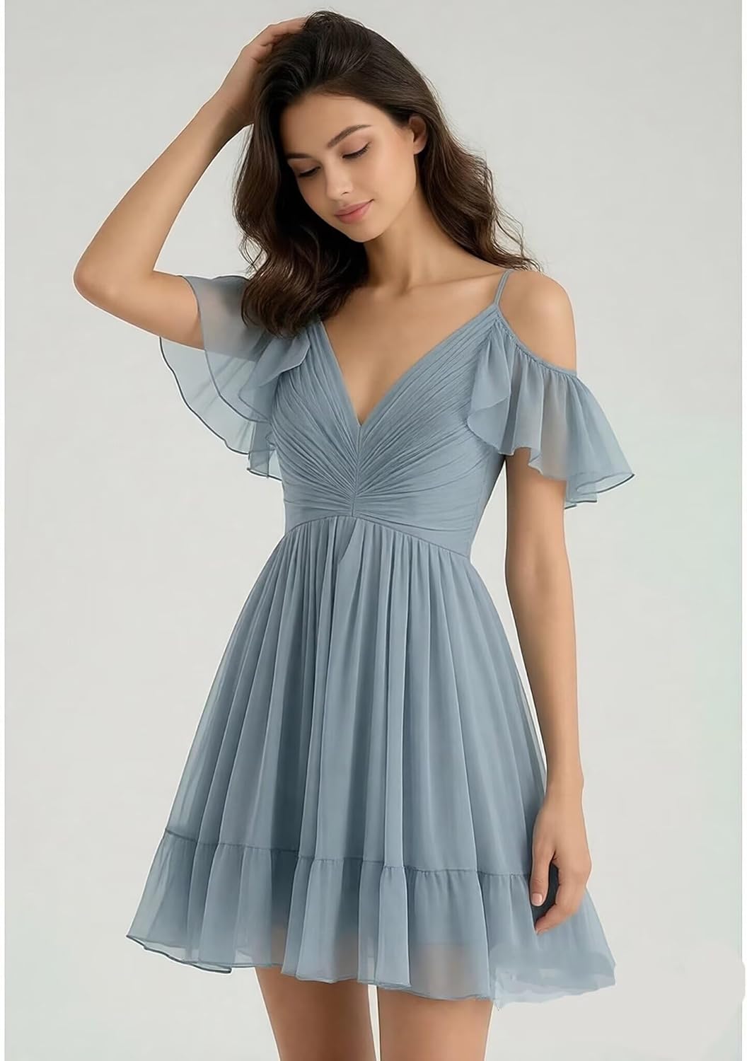 Spaghetti Chiffon Short Homecoming Dress for Teens, Off Shoulder Puffy Sleeves Gowns Cocktail Party Dresses for Women