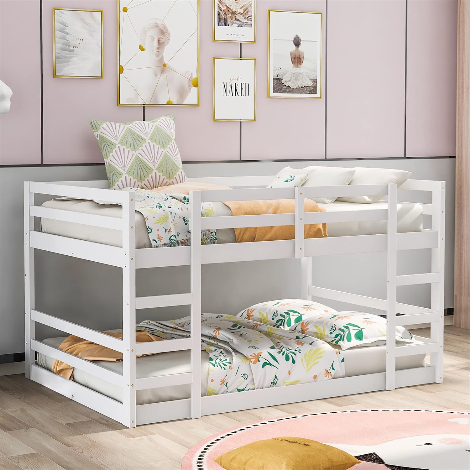 CITYLIGHT Low Bunk Beds Full Over Full, Wooden Floor Bunk Bed for Kids, Toddler Bunk Beds with 2 Ladders for Girls Boys Teens Bedroom, Dorm （Full,White）