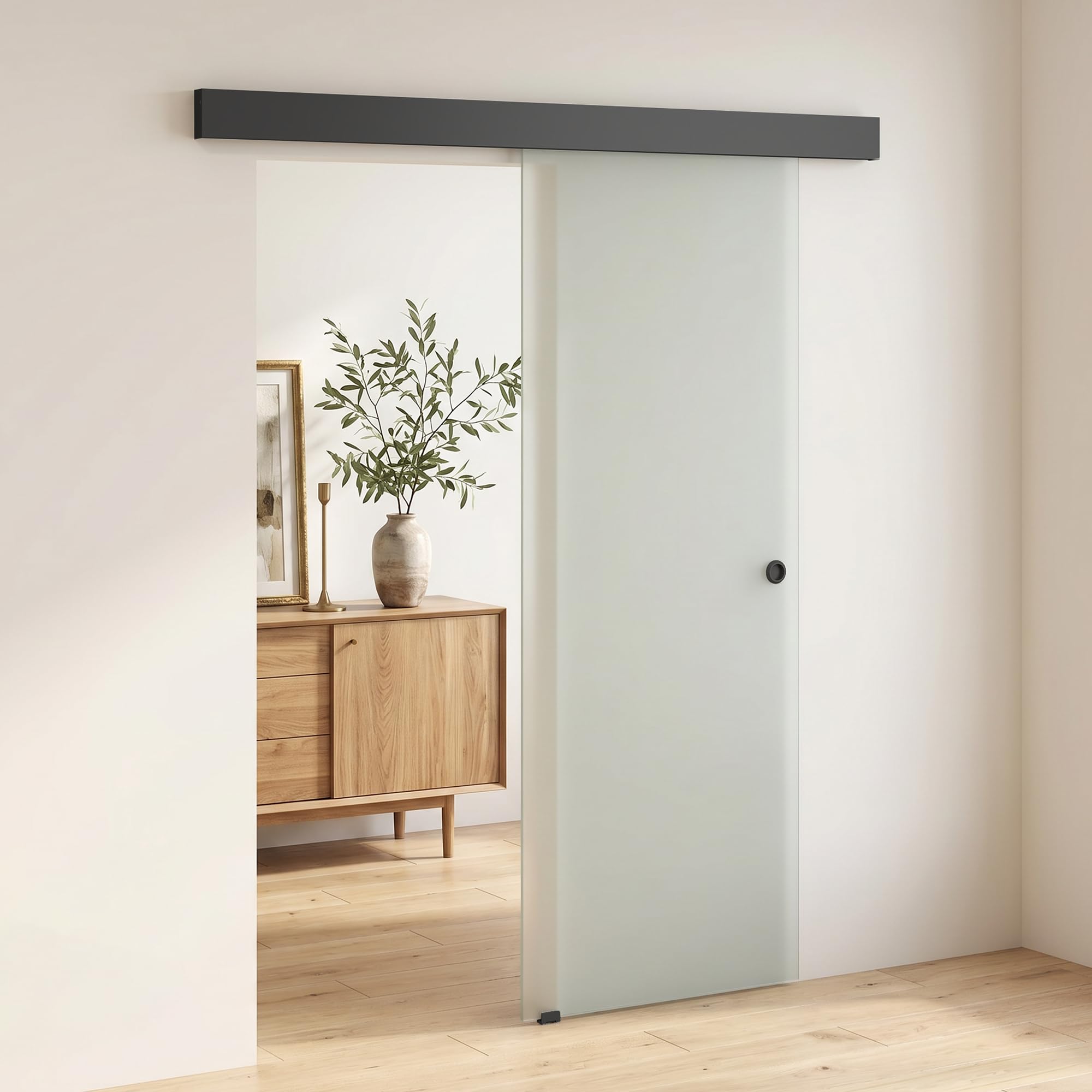HOMCOM Porta Scorrevole Interna Muro 77.5x205 cm in Vetro Smerigliato, Binario Silenzioso in Lega di Alluminio, Kit Ferramenta, Maniglia, Guida, Porta da Interno in Stile Industriale, Bagno, Ufficio