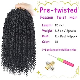BILEAF Pre-twisted Passion Twist Crochet Hair for Women 8 Packs Curly Crochet Hair Pre Looped 12 Inch Ombre Passion Twist Hair, Short Passion Twists Hair Crochet Passion Twists Crochet Boho Braids 1B