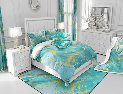 Miniatura 6 de Manfei Juego de edredón de mármol turquesa, tamaño matrimonial, juego de ropa de cama de 3 piezas para niños y niñas, decoración de habitación de