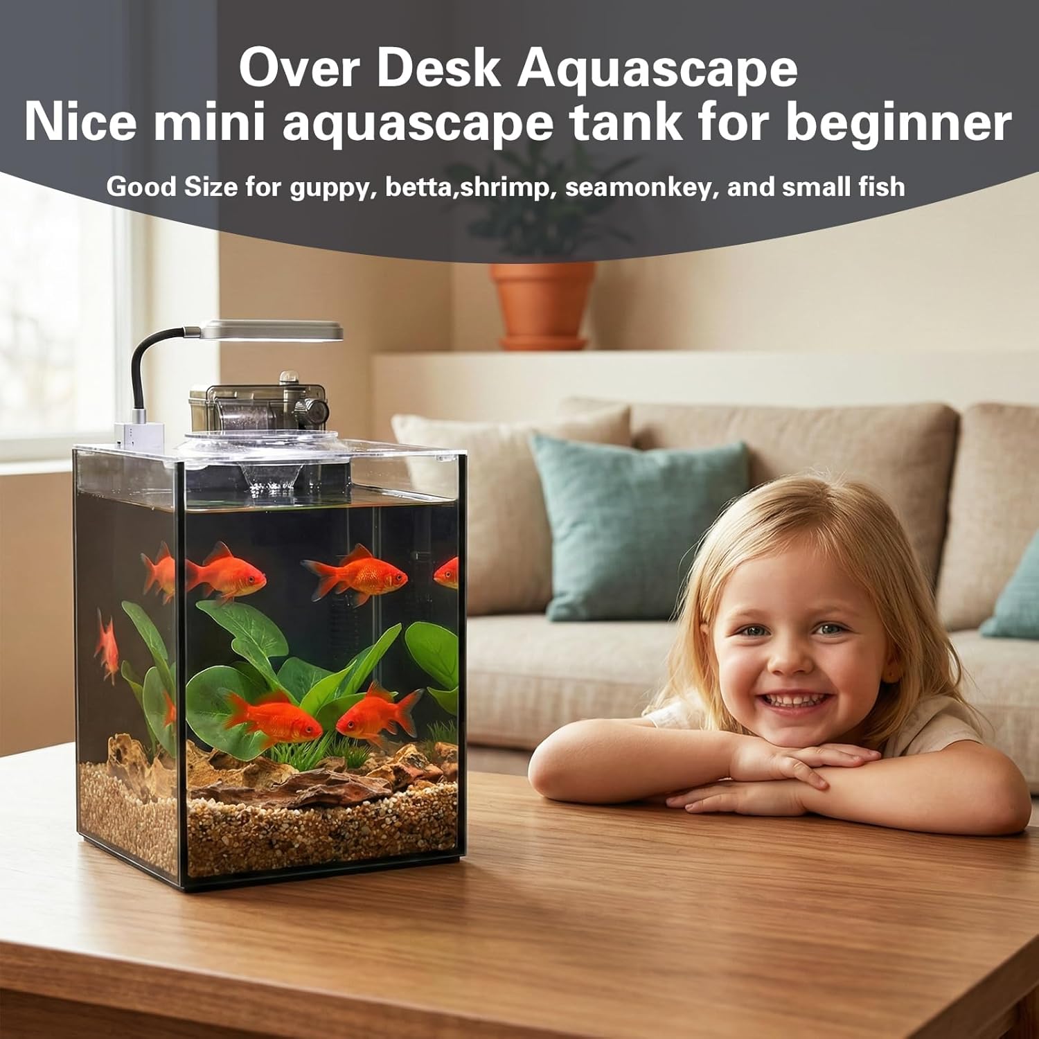2.2 Gallon Small Aquarium Set Glass Fish Tank,Desktop Small Aquarium Kit for Beginners and Children to Keep Betta Fish, Goldfish, Shrimp, and Aquatic Plants (Black, 2.2 Gallon (Complete Kit))