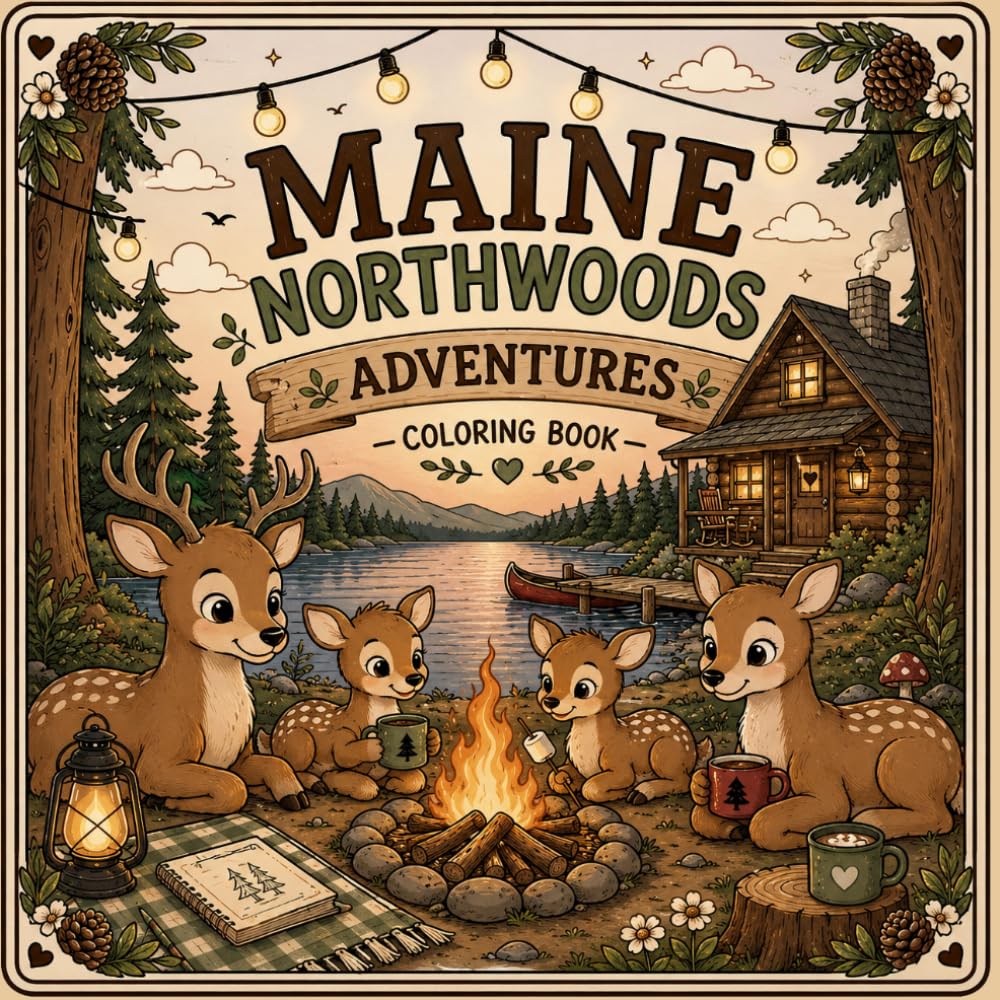 Cozy Maine Northwoods Adventures Coloring Book: 30 Relaxing Woodland Scenes Featuring Cozy Cabins, Camping, Wildlife, Canoes, Campfires, and Northwoods Charm
