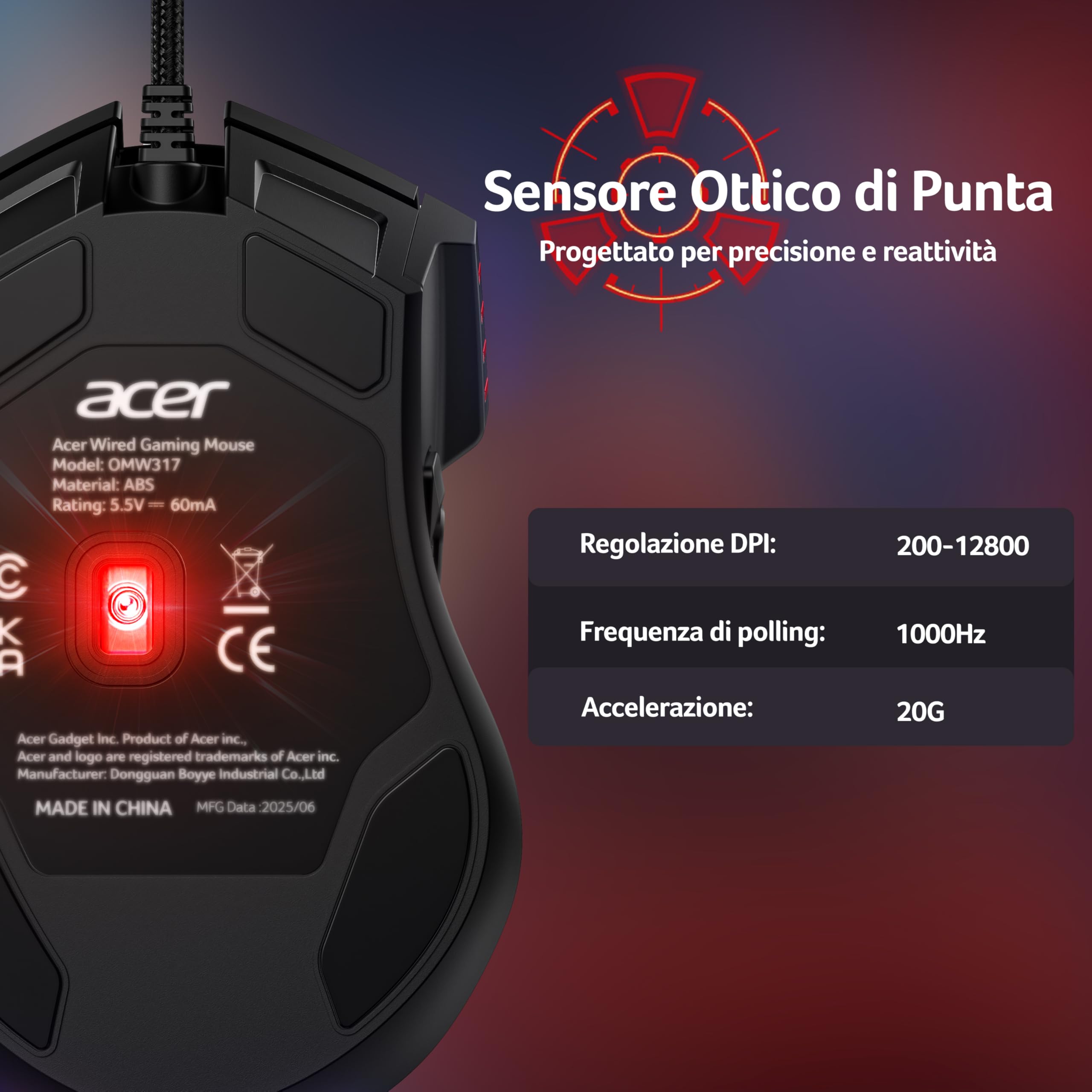 Acer Mouse Gaming Cablato per PC, Sensore da 12800 DPI, 8 Pulsanti Programmabili con Tasti Laterali, Pulsante di Fuoco Programmabile con Macro, RGB Personalizzabile, Mouse da Gioco per MOBA/FPS