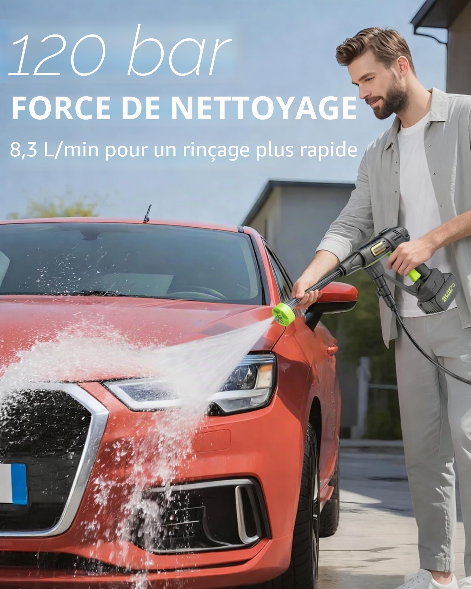 Nettoyeur Haute Pression sur Batterie Non Incluses, Max 120Bar Nettoyeur Haute Pression sans Fil avec Moteur sans Balais, 3 Niveaux Réglables, pour Lavage de Voiture et Nettoyage du Jardin
