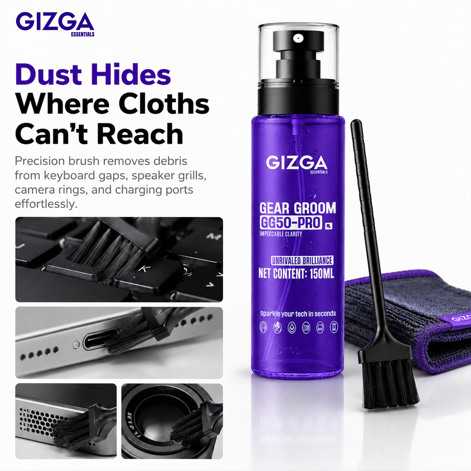 Gizga Pro Series 3-in-1 Cleaning KIT - 150ml Cleaning Spray, Microfiber Cloth & Cleaning Brush| Safe Screen Cleaner for Laptop, PC, Smartphone, Tablet, DSLR Camera Lens, Binocular, Keyboard, Gadgets