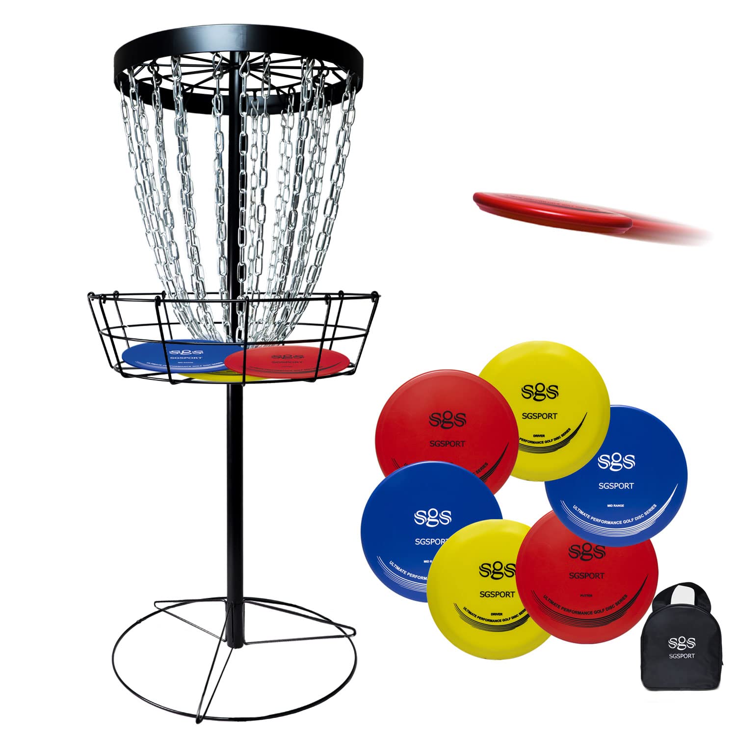 Disc Golf Basket Target - Pro 24 Ketten Tragbarer Metall Golf Torkorb mit 6 Scheiben und Tragetasche - Flying Discs Golfkörbe für Indoor & Outdoor Training Schwarz