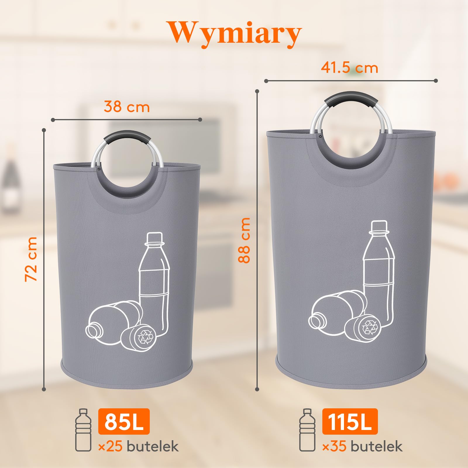Pojemnik na butelki kaucjonowane Lifewit 115L, duży pojemnik z miękkimi uchwytami wykonanymi z aluminium, Szary