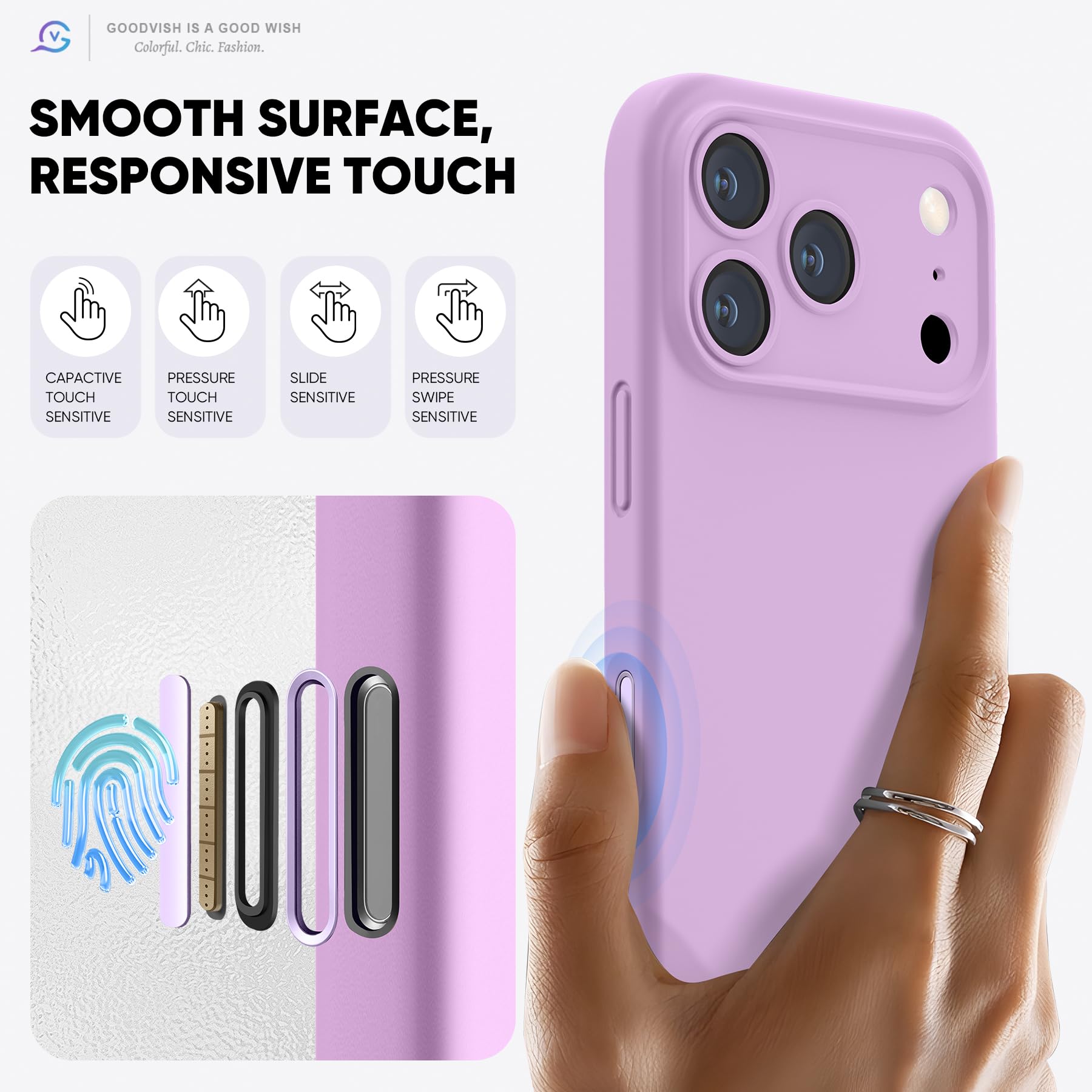 GOODVISH Silicone Cover per iPhone 17 Pro 6.3", Custodia con 2x Vetro Temperato [Pulsante Controllo Fotocamera] 360° Protezione Anticaduta Case per Cellulare Antiurto Resistente, Viola