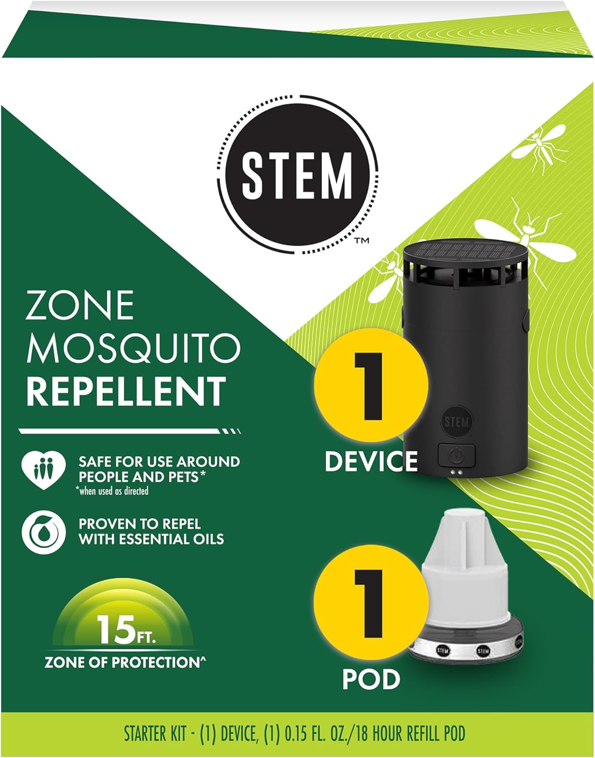 STEM Zone Mosquito Repellent Device, Easy-to-Use Outdoor Insect Protection with Proven Essential Oils, People and Pet Safe, Solar and USB-C Charger, Waterproof - Includes 1 Device & 1 Pod