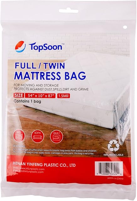 TopSoon Plastic Full/Twin Mattress Bag for Storage or Moving or Protection 54"X87"