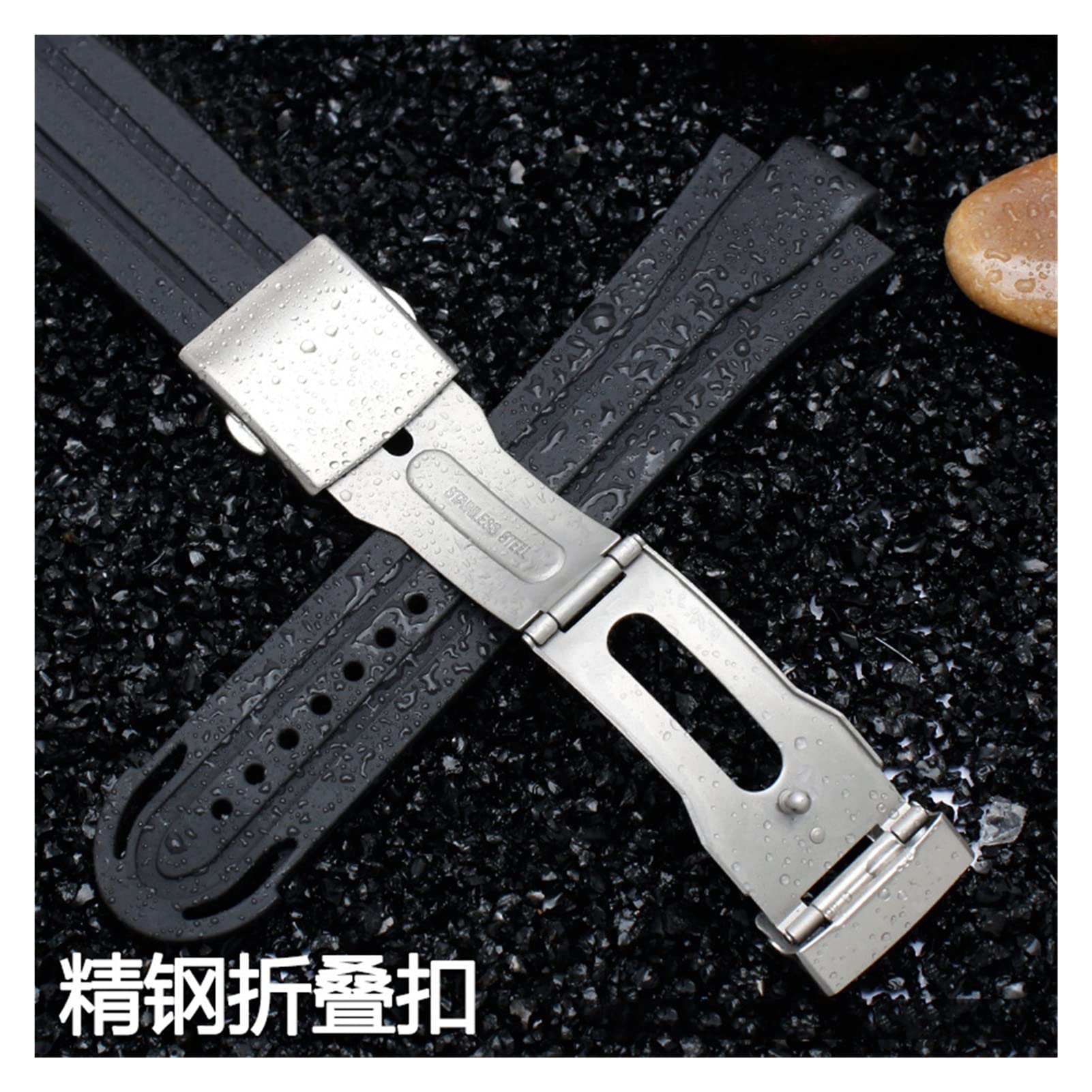 Generico Cinturino per Orologio in Silicone Impermeabile, Universale, 24 Mm | Lunghezza 22 Cm, Fibbia In Acciaio, Adatta Per Orologi Da Uomo (Black Silvery Buckle)