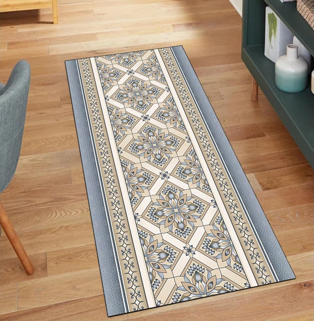 Alfombra de pasillo gris 90x280 cm estilo vintage lavable de poliéster