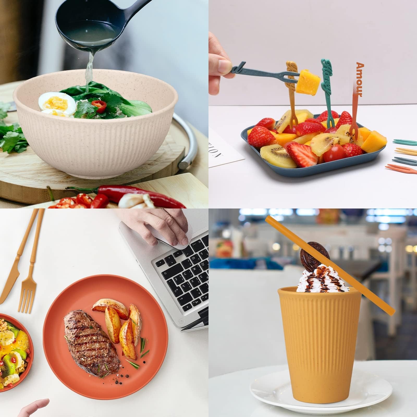 Ensembles de vaisselle incassables de 66 pièces pour 6 personnes, service de table réutilisable, service de table de camping à domicile Assiettes, bols, tasses, couverts, fourchettes en plastique