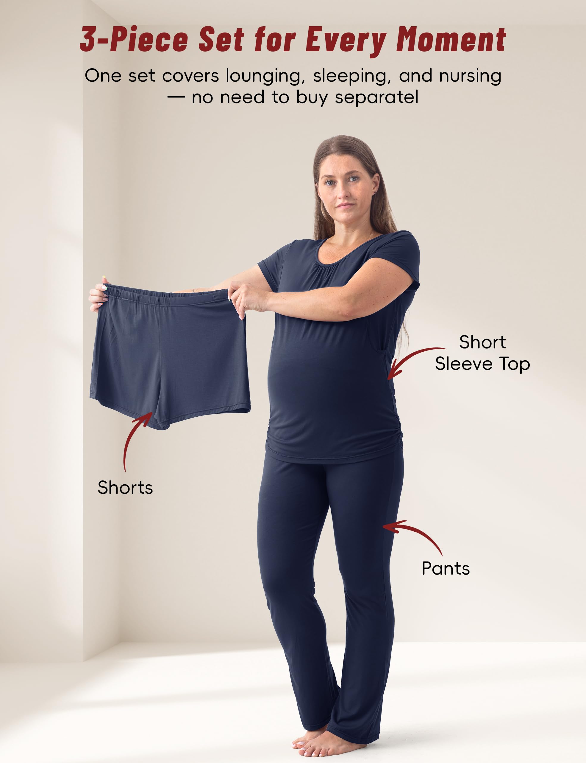 SUNNYBUY Pigiama maternità da donna, a maniche corte, da allattamento e pantaloni, set da 3 pezzi